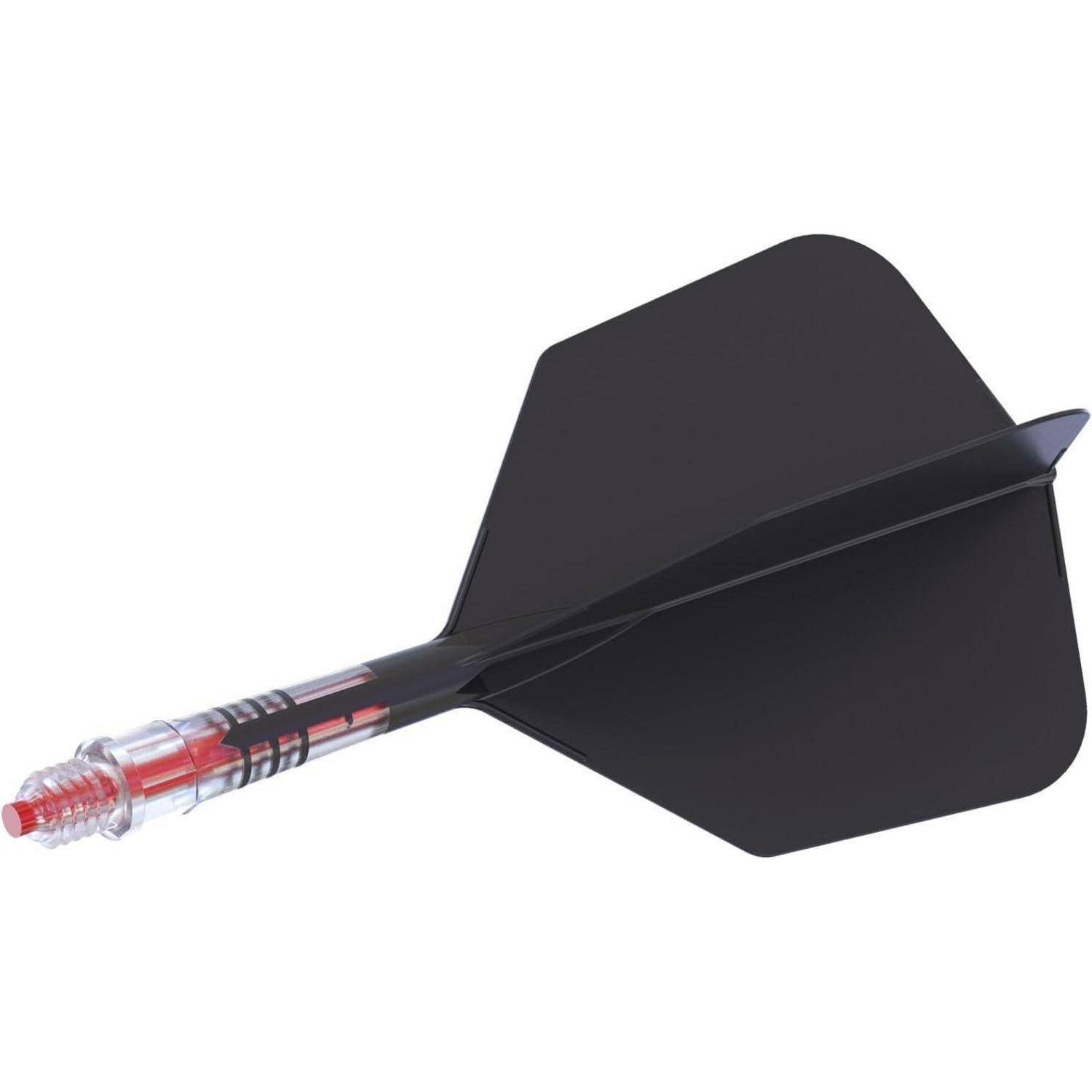 Ein schwarzer Dart mit einer roten Kunststoffspitze und Flügeln, der zum Spielen von Dartsspielen verwendet wird.