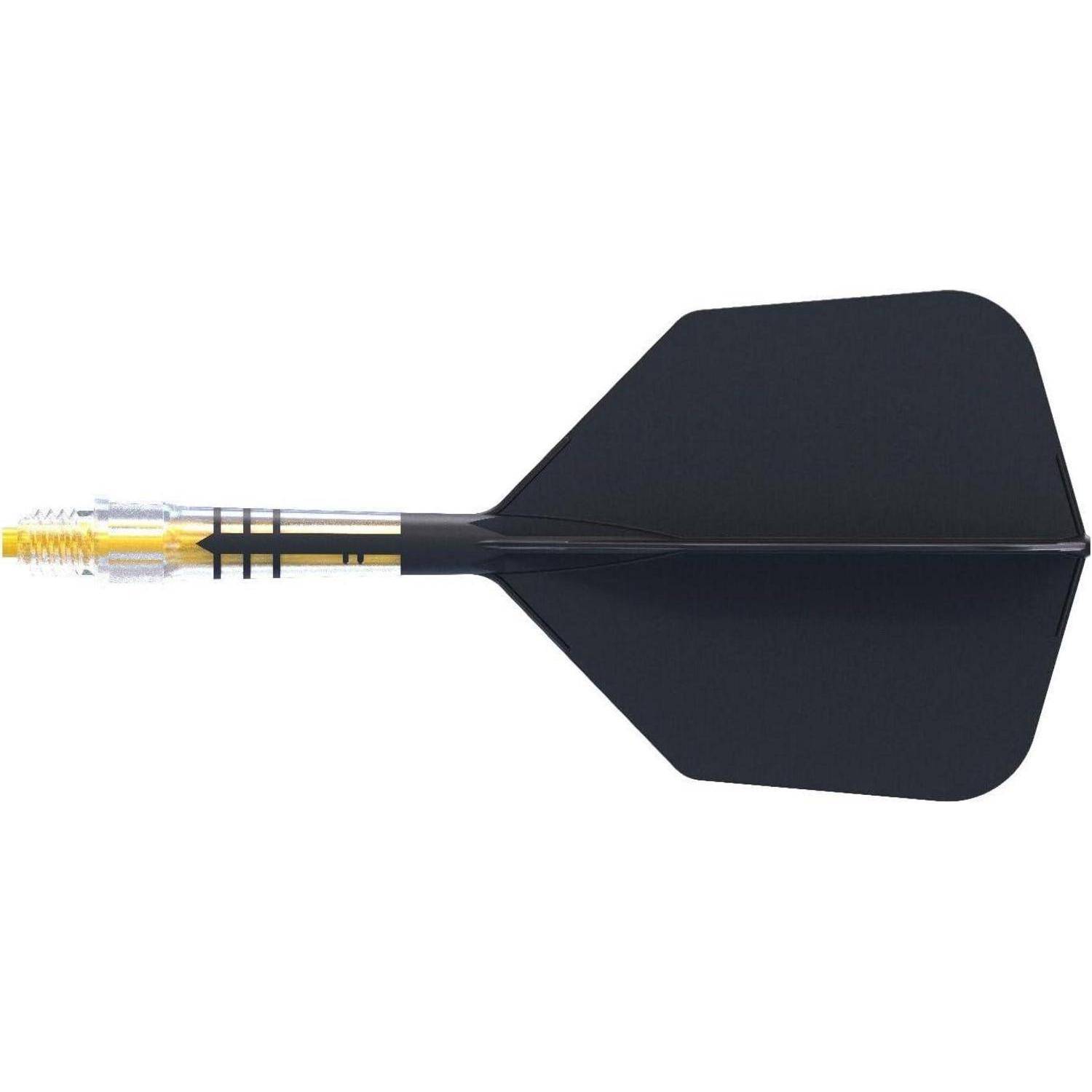 Ein schwarzer Pfeil mit einem gelben Schaft und klaren Flügelfahnen, der ein standardmäßiges Dartdesign für Freizeit- oder Wettkampfspiele darstellt.