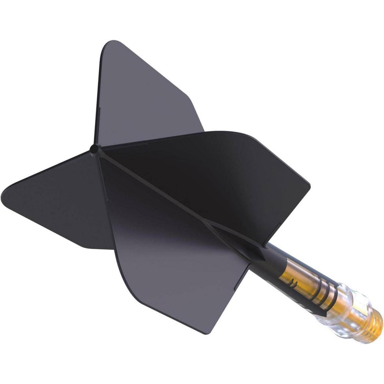 Eine Nahaufnahme eines Dartpfeils mit einem schwarzen Flügel und einem messingfarbenen Schaft, die sein elegantes Design und seine aerodynamische Form hervorhebt.