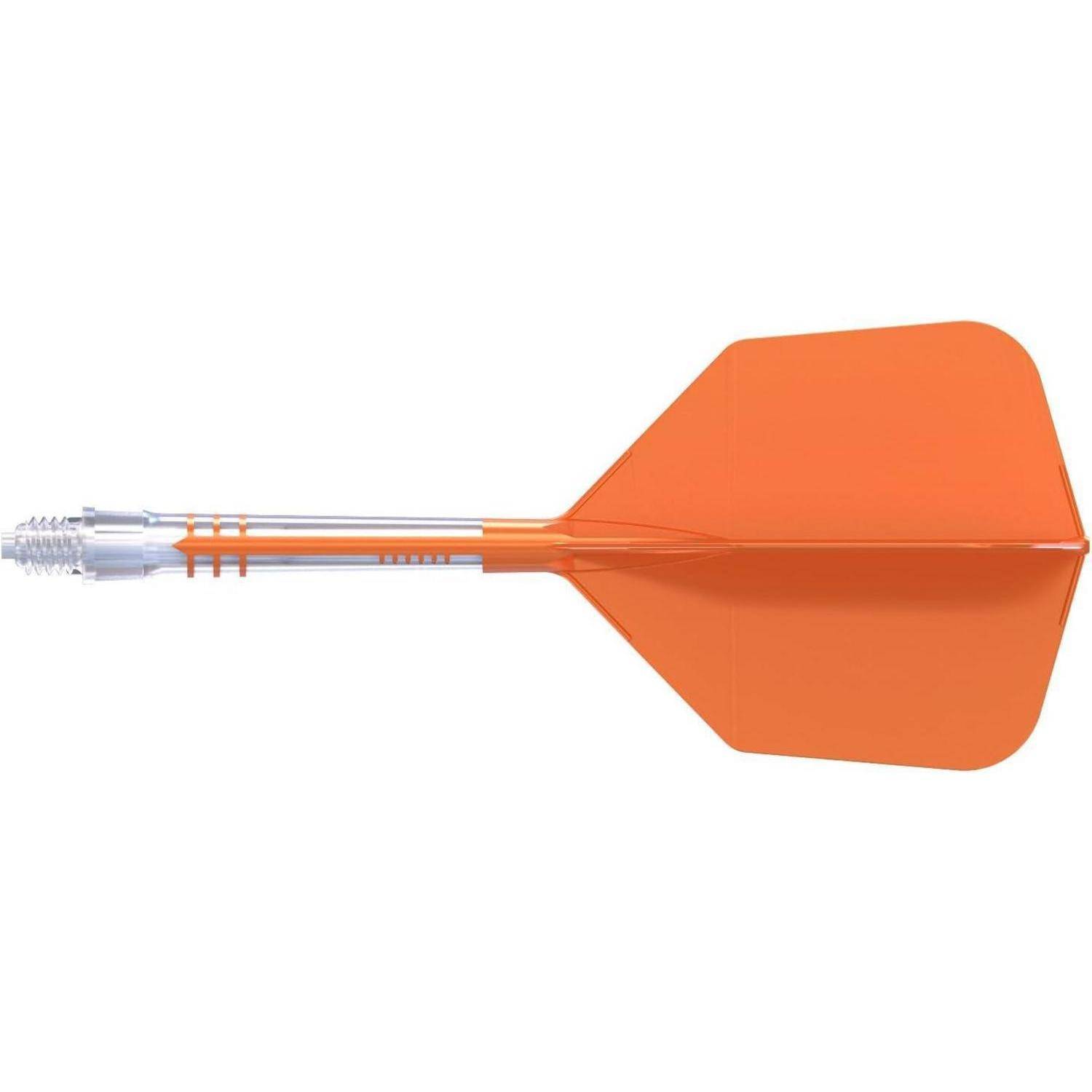 Ein orangefarbener Dart mit einer Kunststoffschaft und Flügeln, entwickelt für Dartspiele.