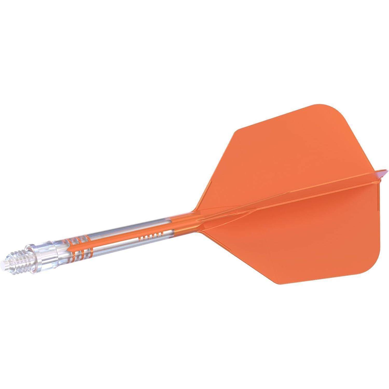 Ein orangefarbener Pfeil mit einer Metallspitze und Kunststoffbefiederung, der in Dartspielen verwendet wird.