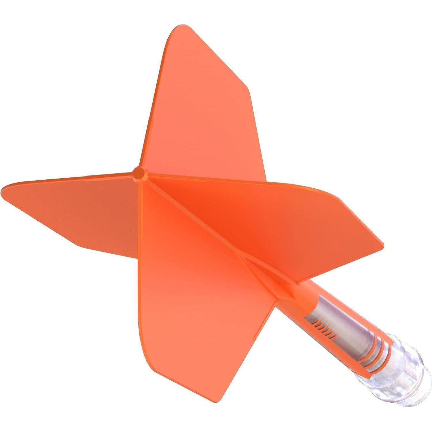 Orangefarbene Spielzeug-Rakete mit vier Flossen und einer durchsichtigen zylindrischen Basis.