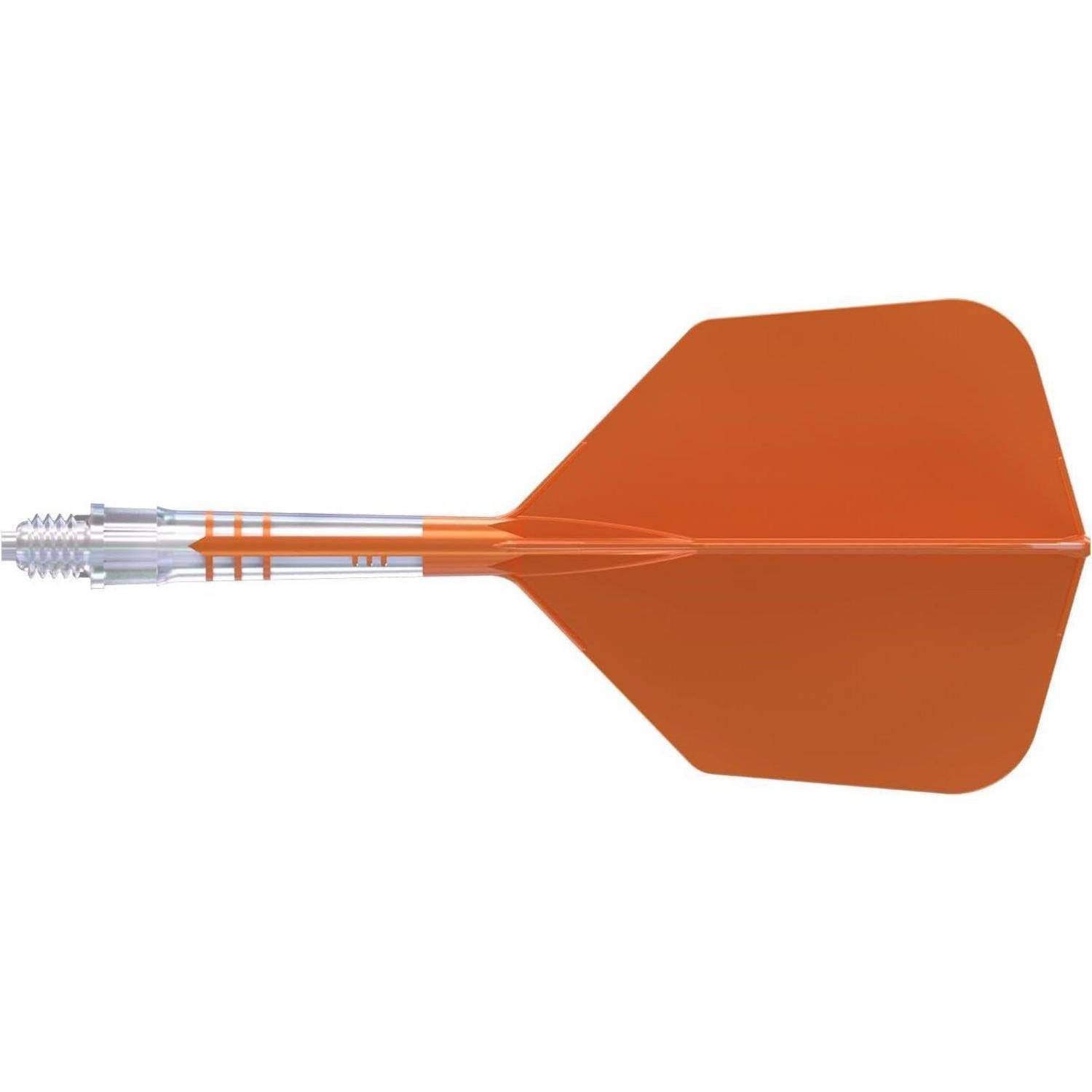Ein einzelner orangefarbener Pfeil mit einer metallischen Spitze und transparentem Schaft, auf einem einfarbigen weißen Hintergrund.