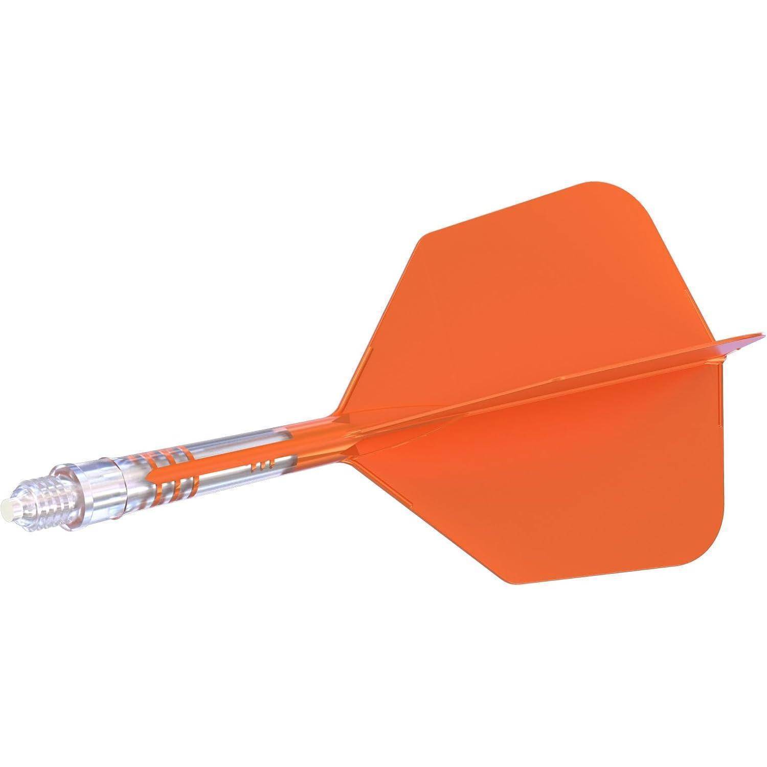 Ein orangefarbener Pfeil mit einem transparenten Körper und orangefarbenen Flügeln liegt vor einem weißen Hintergrund und betont sein elegantes Design und seine spitze Spitze.