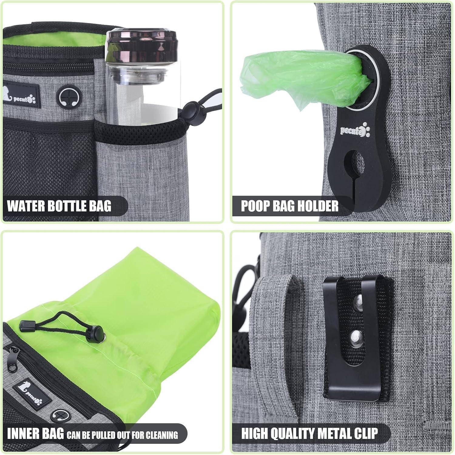 Hundespaziergangszubehör-Set mit vier Funktionen: Wasserflaschenhalter, Kotbeutelspender, herausnehmbarer Innenbeutel und Metallclip.