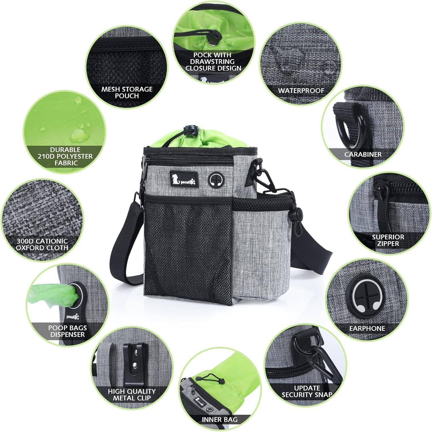 Hundetragetasche mit verstellbarem Gurt, Netzstauraum, Handy-/Wasserflaschenfach, Kotbeutelspender und Karabiner. Strapazierfähiges, wasserdichtes Gewebe.