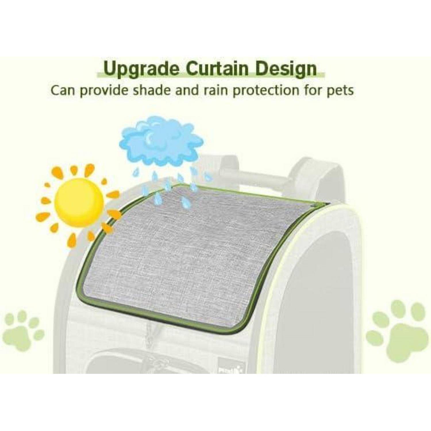 Upgrade-Vorhangsdesign bietet Schatten und Regenschutz für Haustiere. Die Illustration zeigt eine Abdeckung, die vor Sonne und Regen schützt.