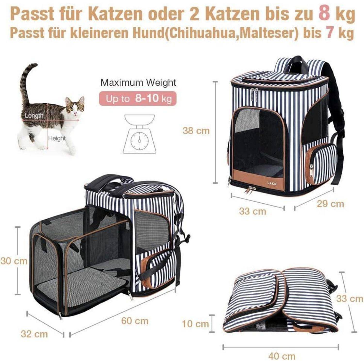 Passt für Katzen oder 2 Katzen bis zu 8 kg. Passt für kleineren Hund (Chihuahua, Malteser) bis 7 kg. Bild zeigt einen schwarz-weiß gestreiften Haustierträger mit Maschenfenstern und Abmessungen: 36x34x38 cm und 33x29x43 cm. Maximales Gewicht bis zu 8-10 kg.