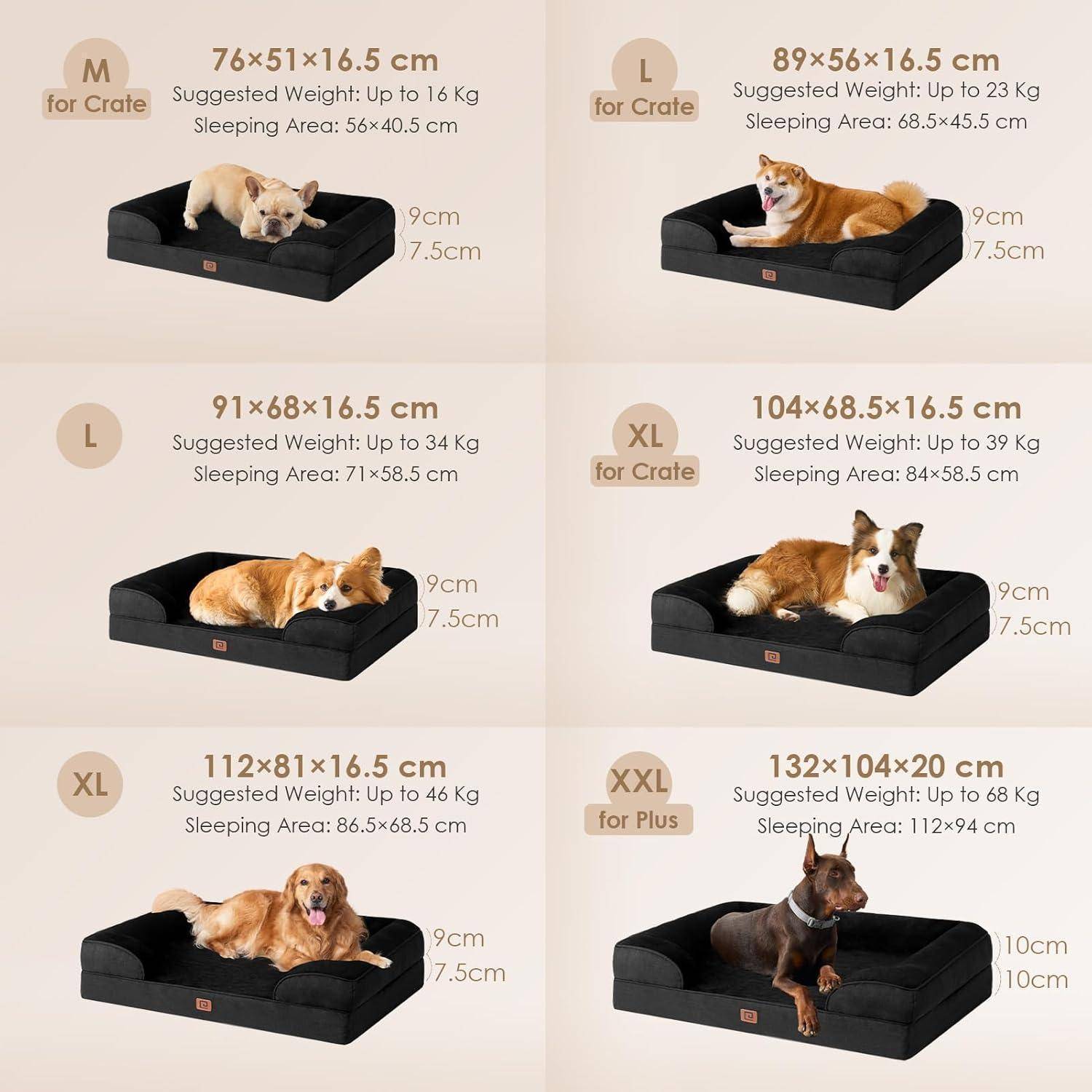 Hundebettengrößen-Übersicht: M (7-15 kg), L (23-39 kg), XL (29-47 kg), XXL (bis zu 68 kg). Bilder zeigen Hunde auf Betten verschiedener Größen.