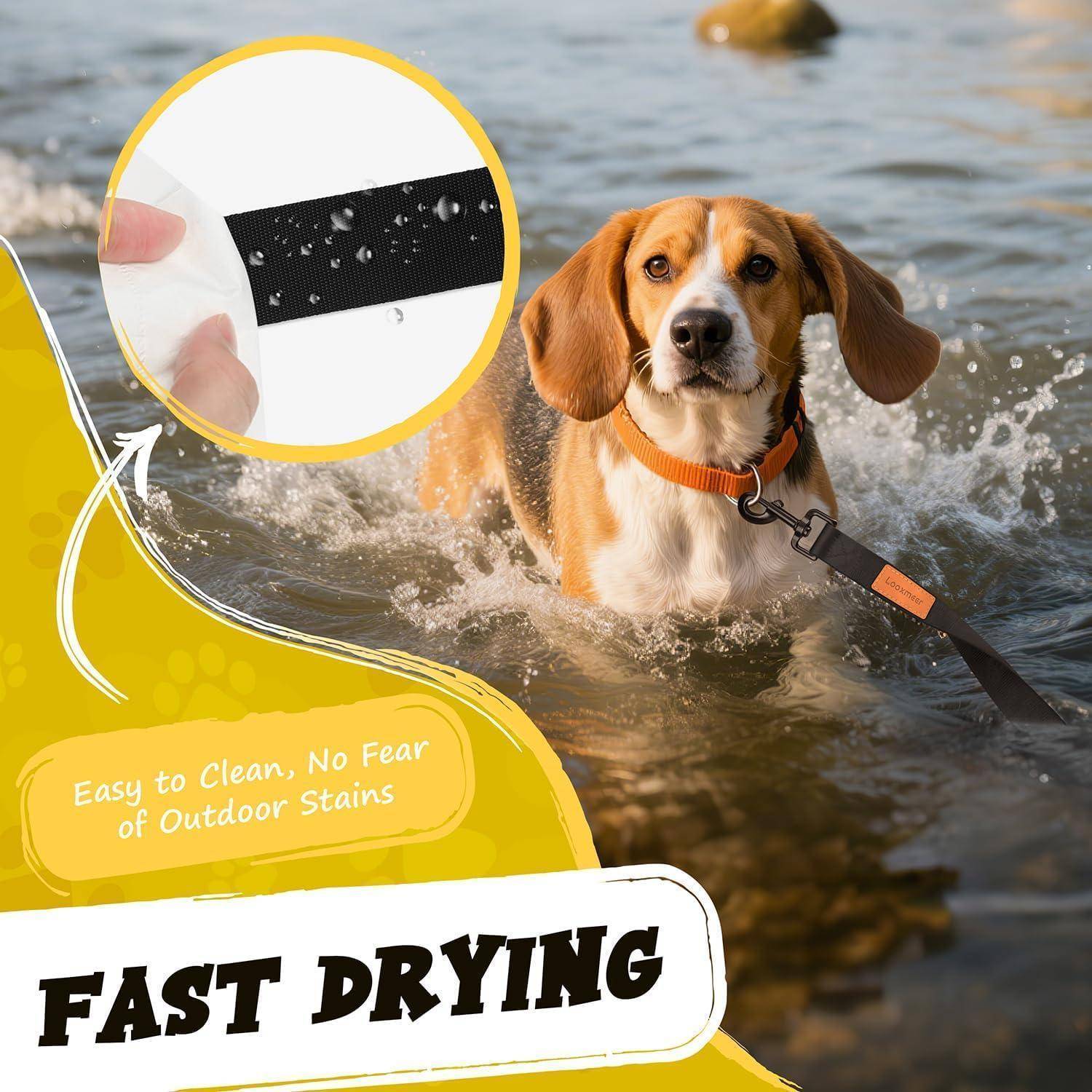 Ein Hund im Wasser trägt ein wasserdichtes Halsband; eine Detailansicht zeigt die Textur des Halsbands. Der Text liest sich: „Leicht zu reinigen, keine Angst vor Flecken im Freien