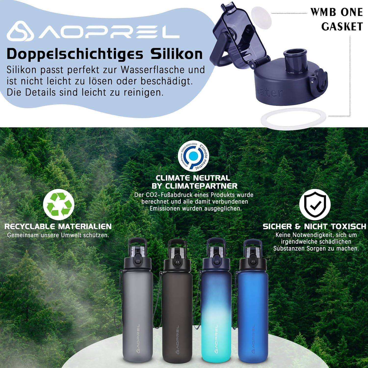 Silikonversiegelungen für Wasserflaschen, leicht zu reinigen. Hervorgehobene Merkmale: klimaneutral, recycelbare Materialien, nicht toxisch. Bild zeigt blaue, schwarze und Farbverlaufsflaschen vor einem Waldkulissenhintergrund.