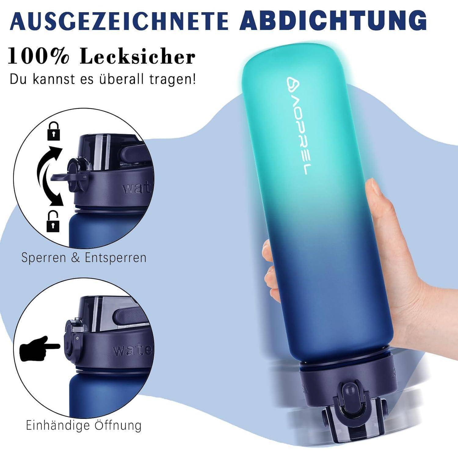 Eine Hand hält eine blaue Wasserflasche mit einem verschließbaren Deckel. Der Text lautet „Ausgezeichnete Abdichtung, 100% Lecksicher