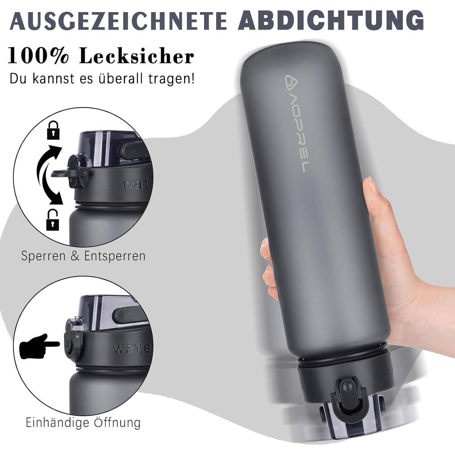 Eine Hand, die eine Wasserflasche mit einem sicheren Verschließmechanismus hält. Text hebt hervor '100% auslaufsicher' und 'Öffnen mit einer Hand'.