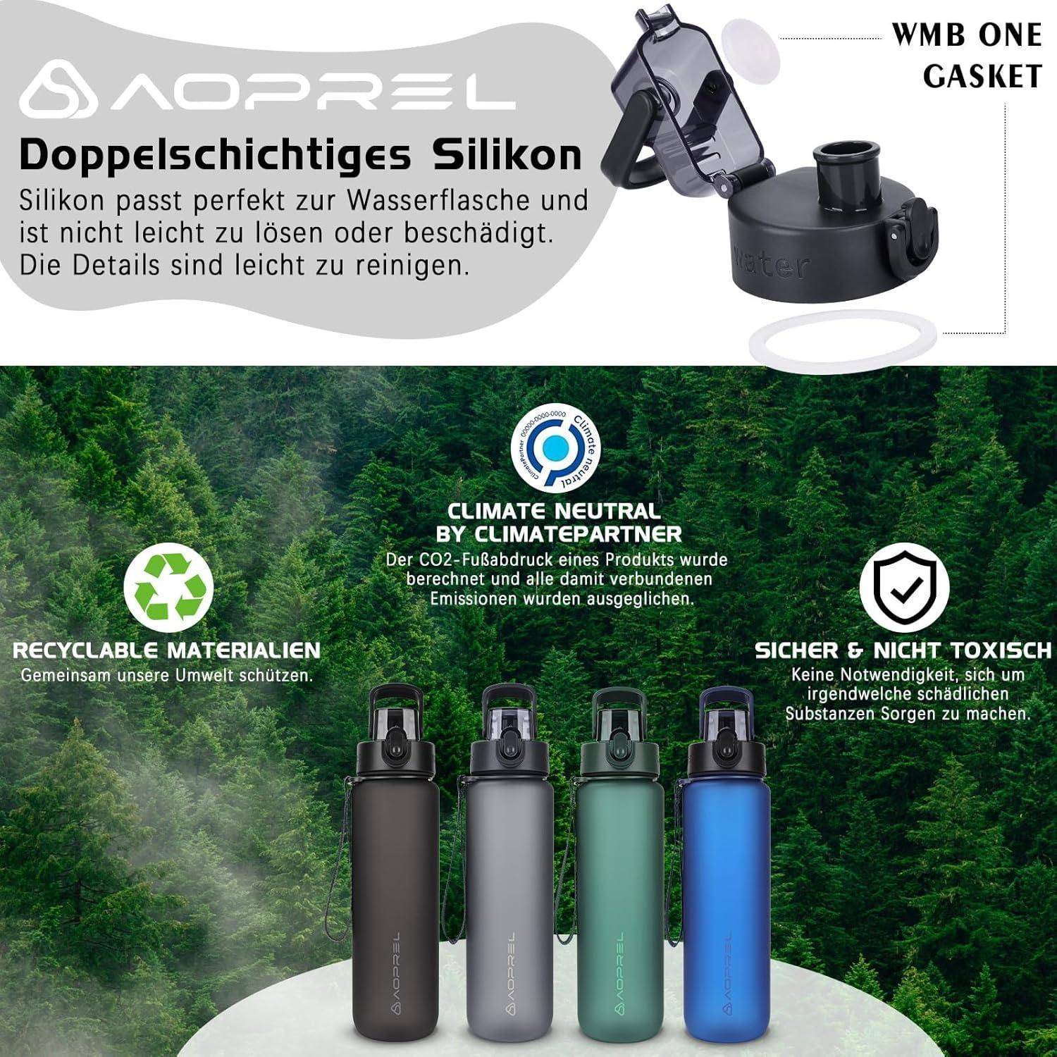 WMB One Gasket' Silikonzubehör für Wasserflaschen, präsentiert mit mehreren Flaschen in verschiedenen Farben vor einem Waldhhintergrund.