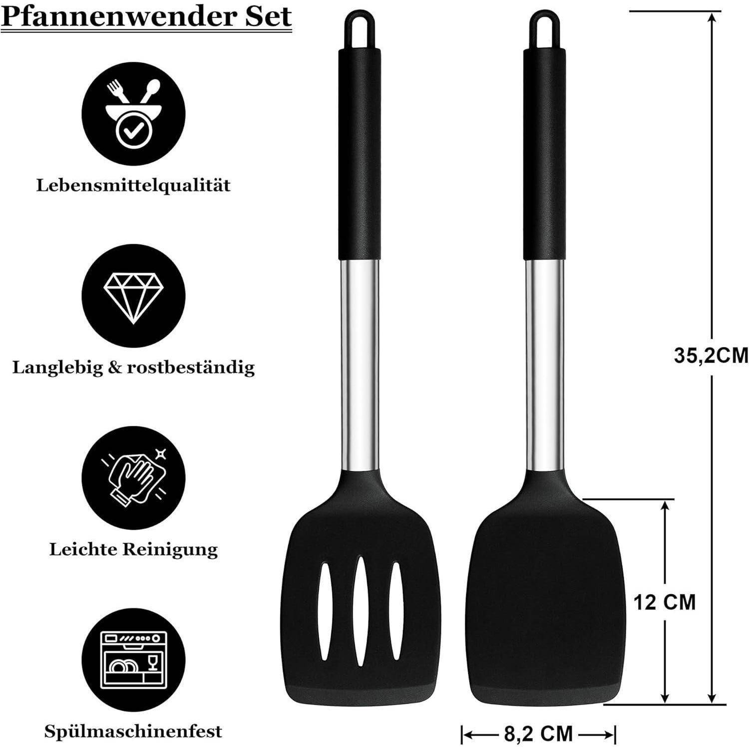 Zwei schwarze Küchenspatel mit Beschriftungen ‚Lebensmittelqualität', ‚Langlebig & rostbeständig', ‚Leichte Reinigung', ‚Spülmaschinenfest'. Größen: 35,2 cm und 12 cm breit.
