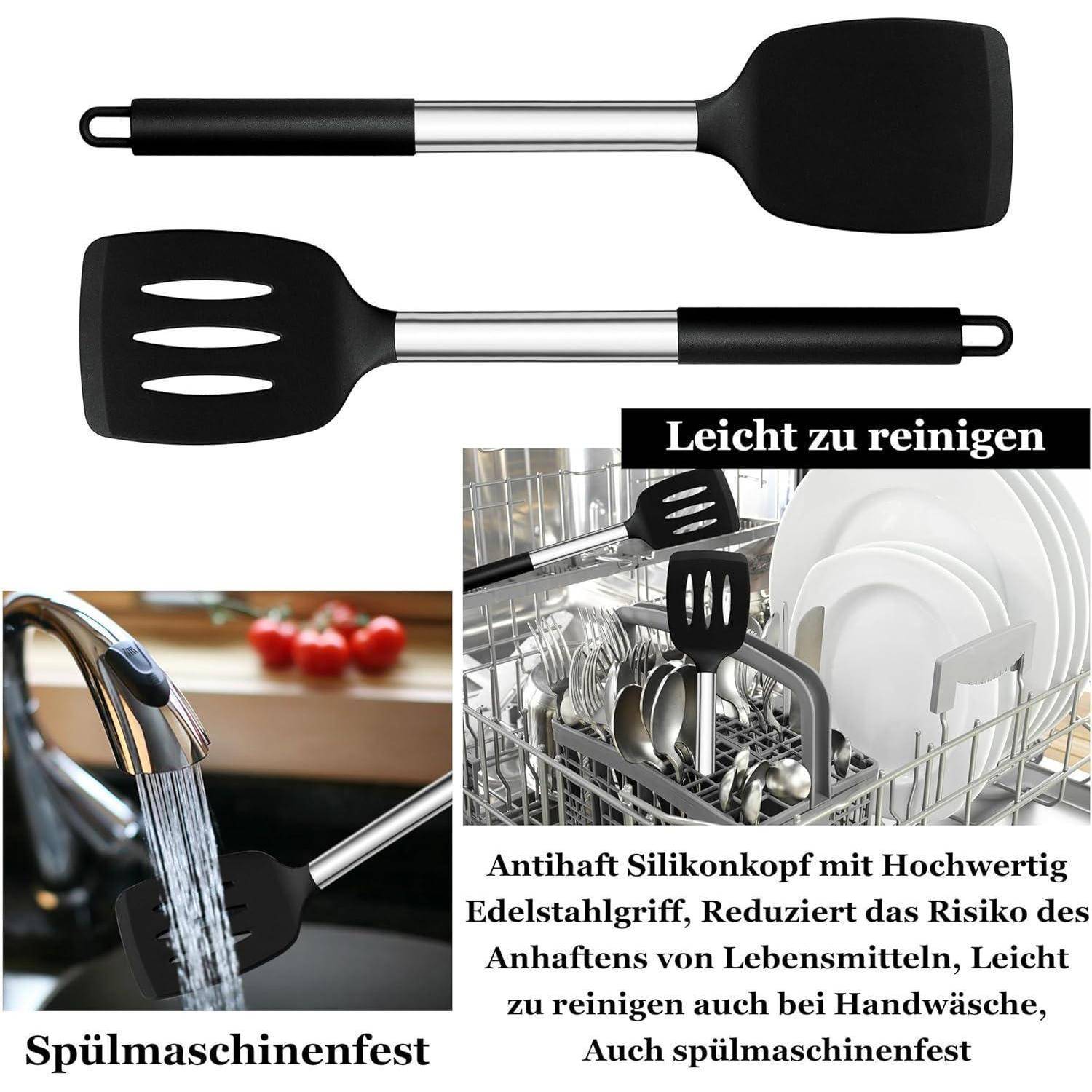 Zwei schwarze und silberne Kochspatel, mit der Aufschrift 