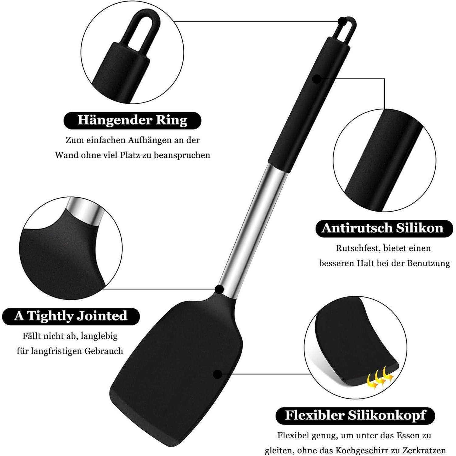 Pfannenwender Silikon Edelstahlgriff Hitzebeständig Schwarz 2er Set