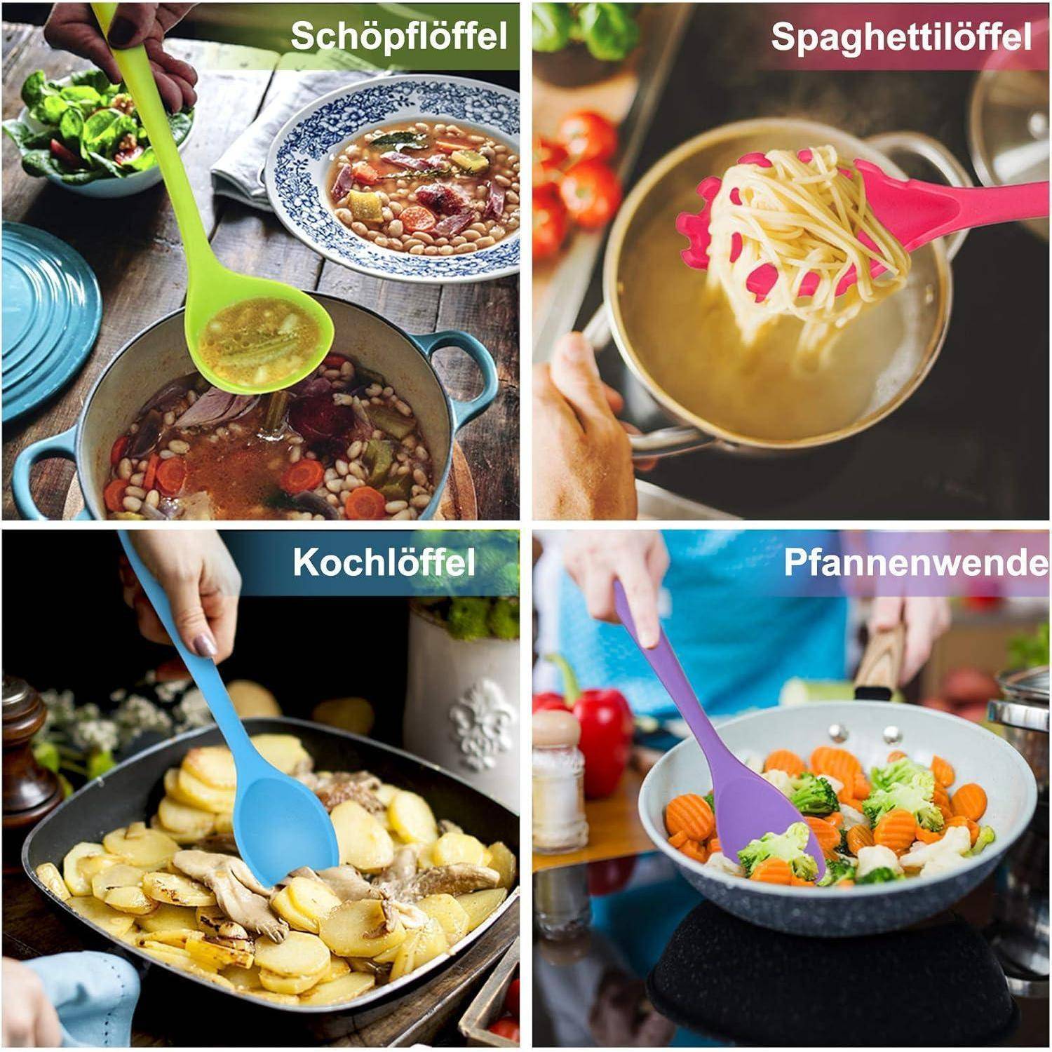 Ein vierteiliges Bild, das verschiedene Küchenutensilien zeigt: eine Kelle mit Suppe, ein Spaghettilöffel mit Pasta, ein Kochlöffel mit Kartoffeln und ein Pfannenwender mit Gemüse.