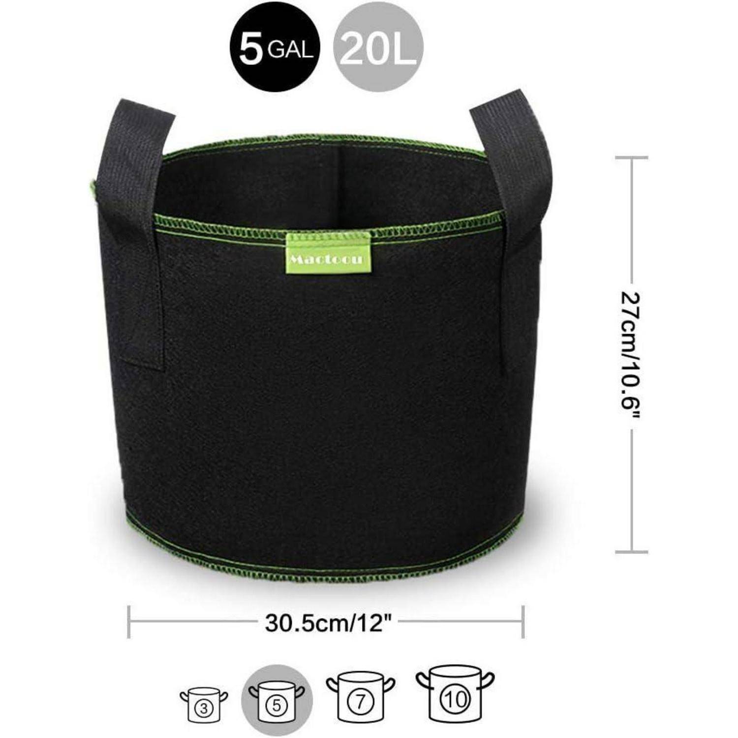 Schwarzer Stoff-Blumentopf mit grüner Naht, 5-Gallonen/20-Liter Fassungsvermögen, Abmessungen 30,5 cm Durchmesser mal 27 cm Höhe, mit Griffen.