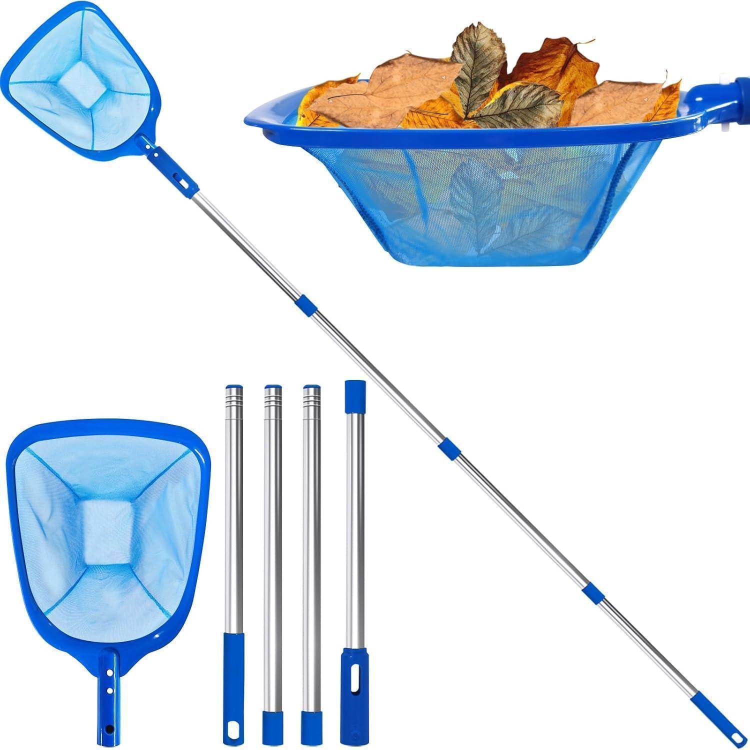 Ein blauer Poolskimmernetz mit einem ausziehbaren Griff, der beim Sammeln von Herbstblättern verwendet wird, ist zusammen mit auseinandergebauten Griffteilen dargestellt.