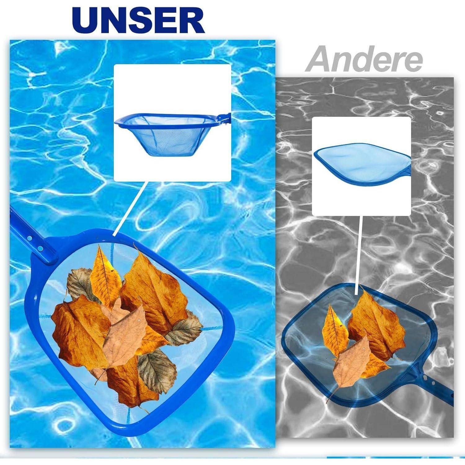 Unser' zeigt einen lebendigen blauen Poolreiniger, der Herbstblätter in klarem Wasser sammelt. 'Andere' stellt einen ähnlichen Poolreiniger in Graustufen dar.