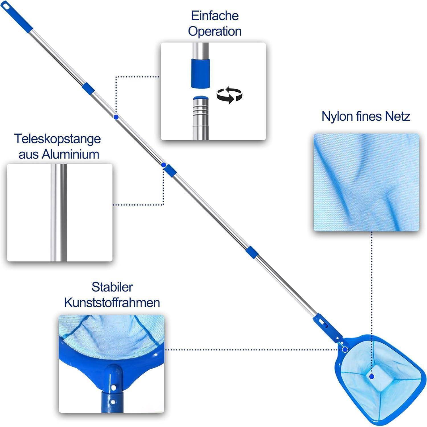Aluminium-Teleskopstange mit blauem Netz, gekennzeichnet mit 'Einfach Bedienung', 'Teleskopstange aus Aluminium', 'Nylon feines Netz', 'Stabiler Kunststoffrahmen