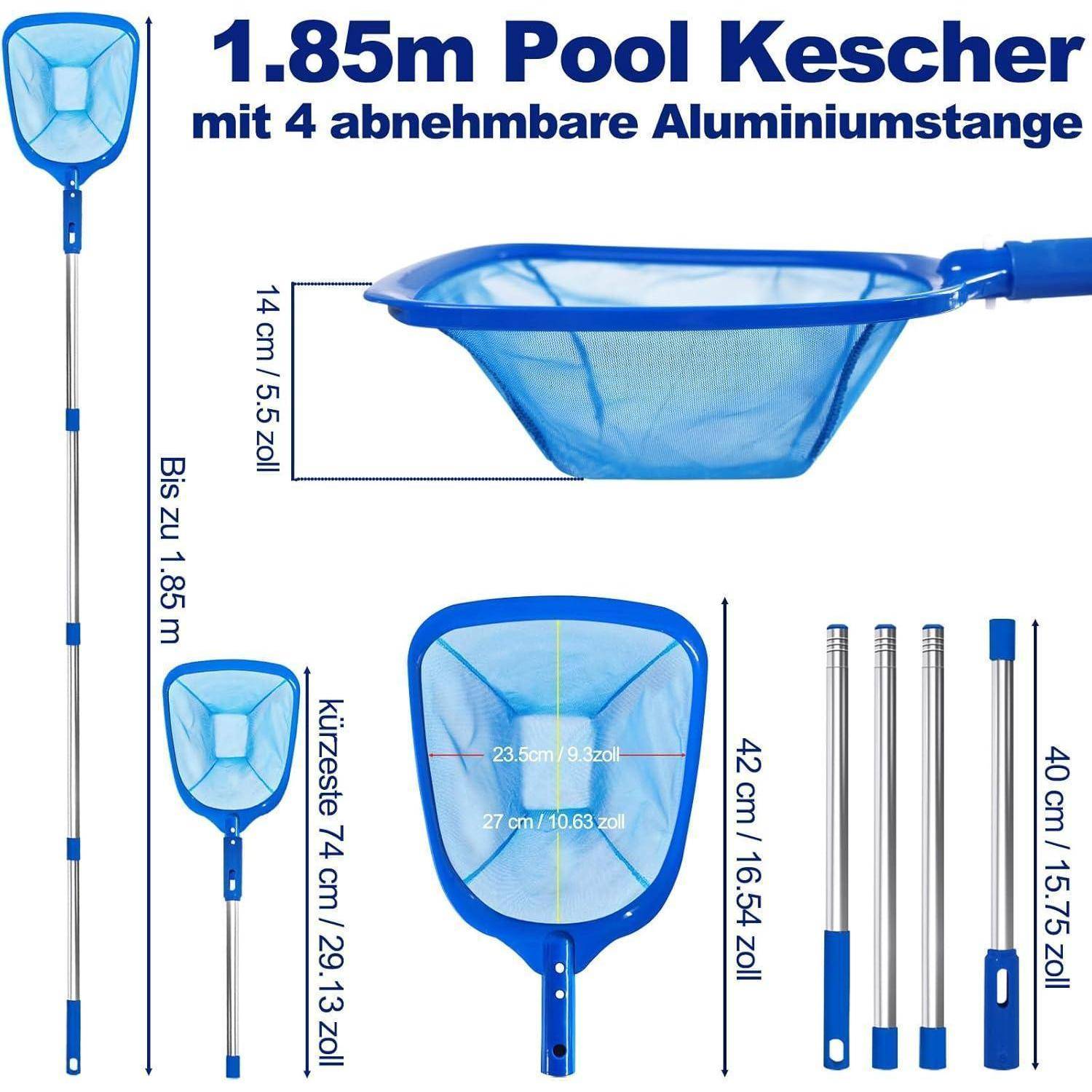 Ein 1,85 m Poolreiniger mit abnehmbarem Aluminiumpol, Abmessungen: Netz 60 x 27 cm, Sektionen 42-40 cm.