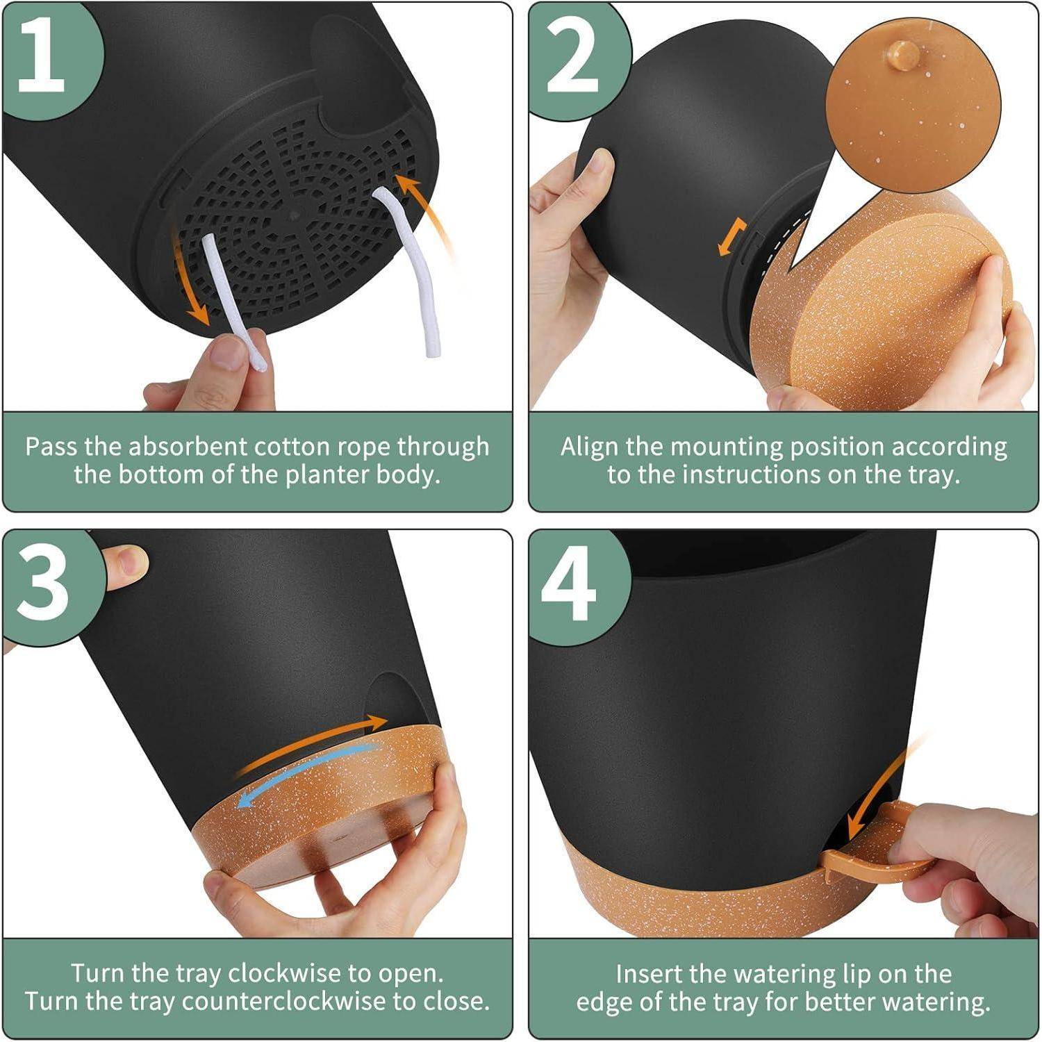 Schritt-für-Schritt-Montage eines Pflanzgefäßes mit Selbstbewässerungssystem. Schritte: Baumwollseil einführen, Tablett ausrichten, zum Öffnen drehen, Grifflippe einsetzen.