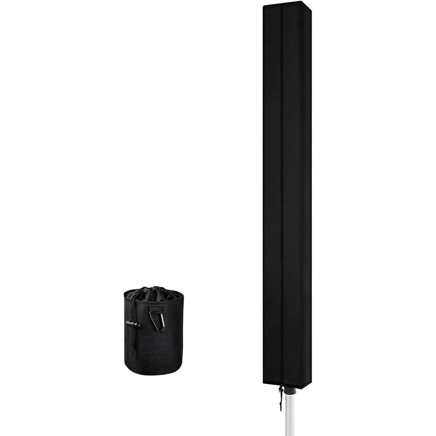 Schwarze Lautsprechersäule mit Schutzabdeckung, die neben einem Zugbeutel dargestellt ist.