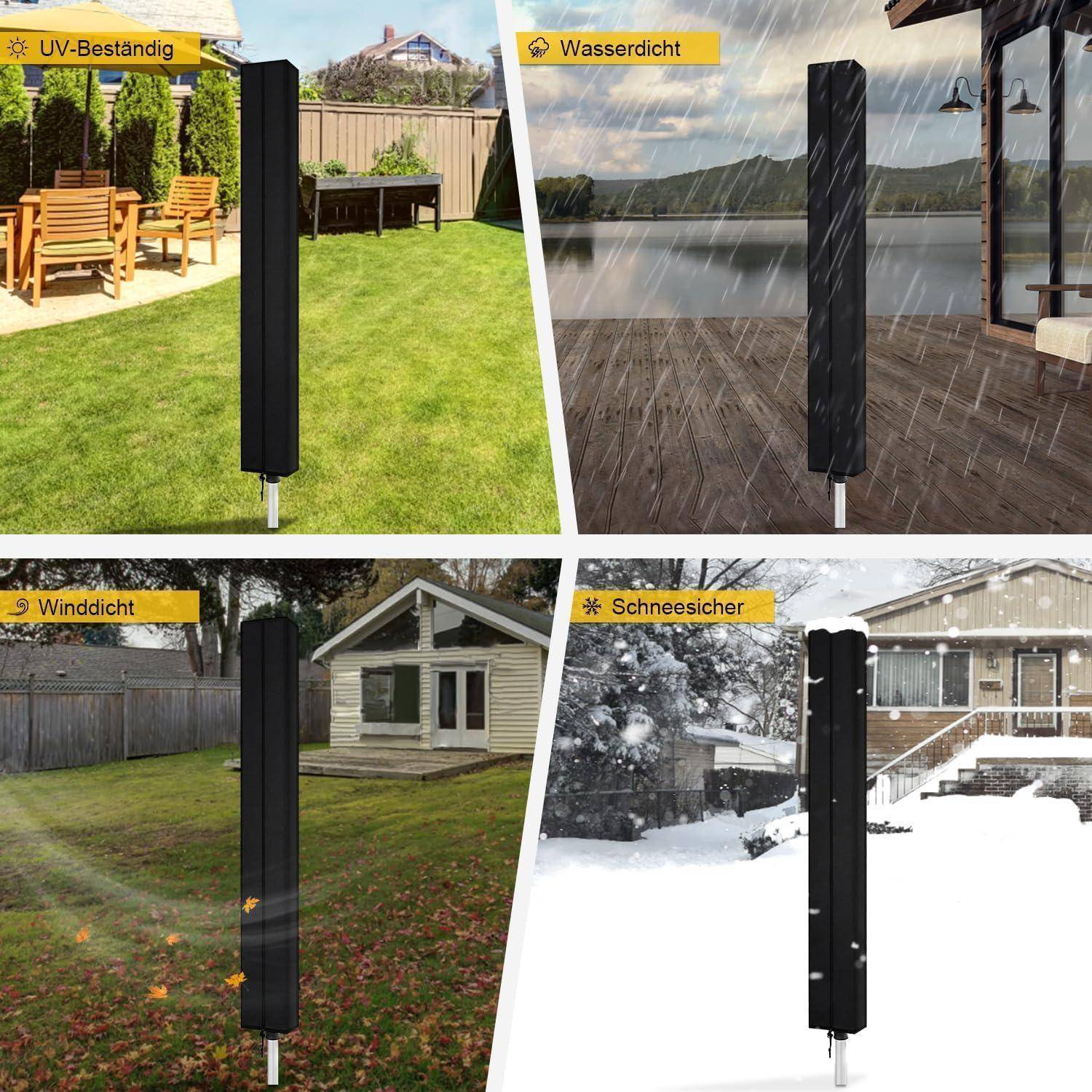 Bild zeigt einen Pfahl in verschiedenen Wetterbedingungen: 'UV-beständig' unter Sonne, 'Wasserdicht' im Regen, 'Winddicht' im Wind, 'Schneesicher' im Schnee.