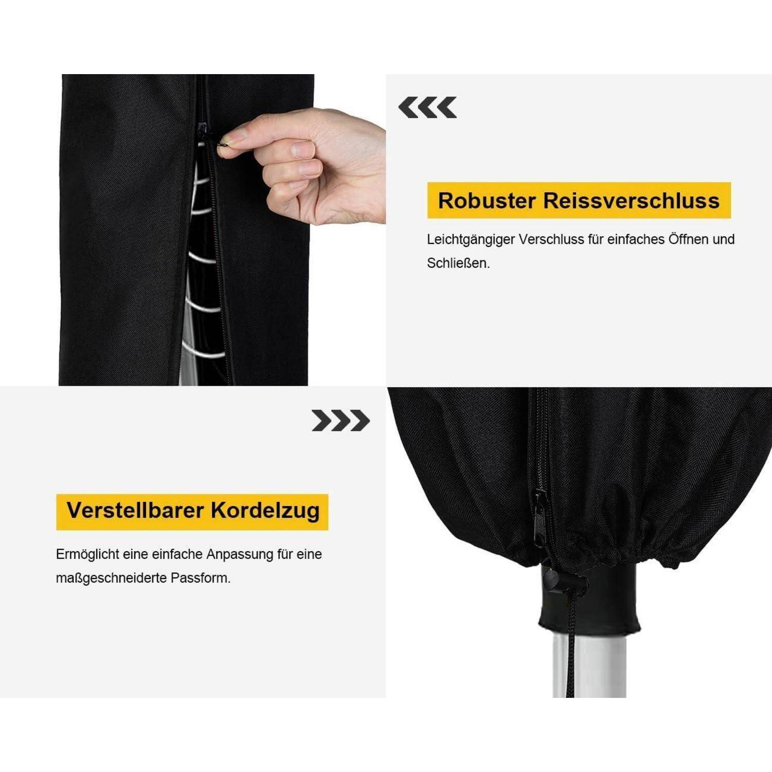 Eine Hand, die einen Reißverschluss hält, mit dem Text 'Robuster Reißverschluss', der eine leicht zu öffnende Reißverschlussfunktion hervorhebt; 'Verstellbarer Kordelzug' für einen einstellbaren Kordelzug.