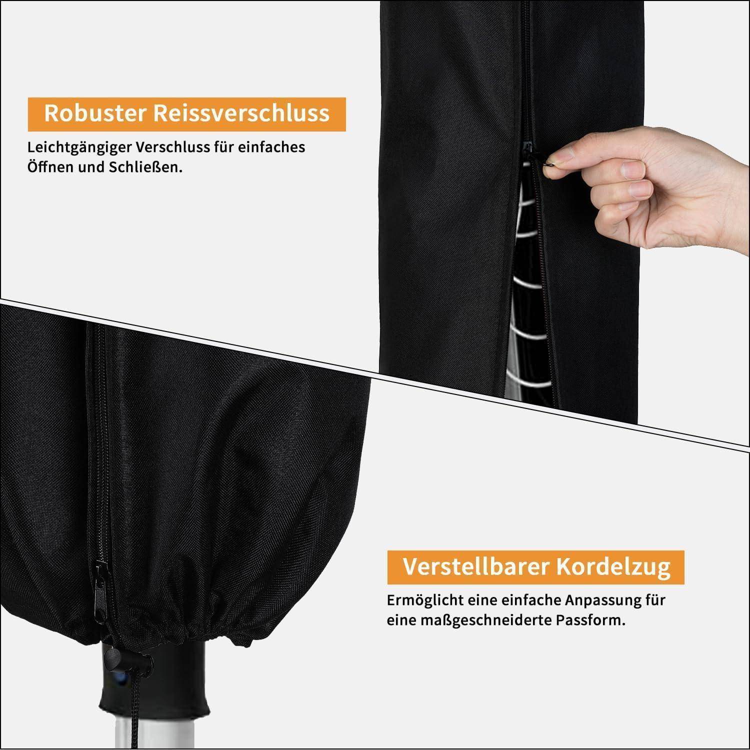 Nahaufnahme eines schwarzen Covers mit einem robusten Reißverschluss für einfaches Öffnen und Schließen sowie einer verstellbaren Kordelzug für eine individuell angepasste Passform.