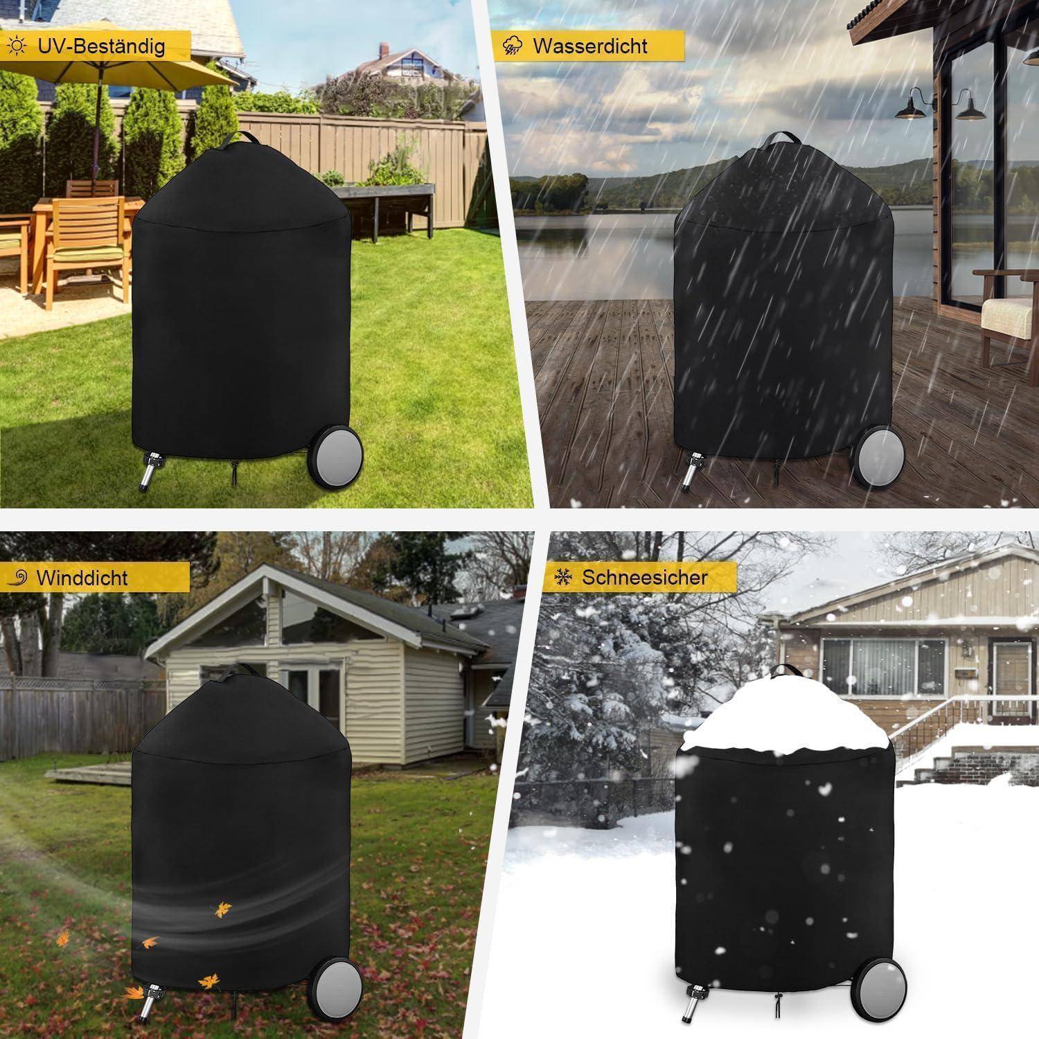 Vier Bilder eines überdachten Grills in verschiedenen Außenumgebungen veranschaulichen: 'UV-beständig' (sonniger Garten), 'Wasserdicht' (regnerisches Seeufer), 'Windbeständig' (windiger Hinterhof), 'Schneeresistent' (verschneiter Garten).