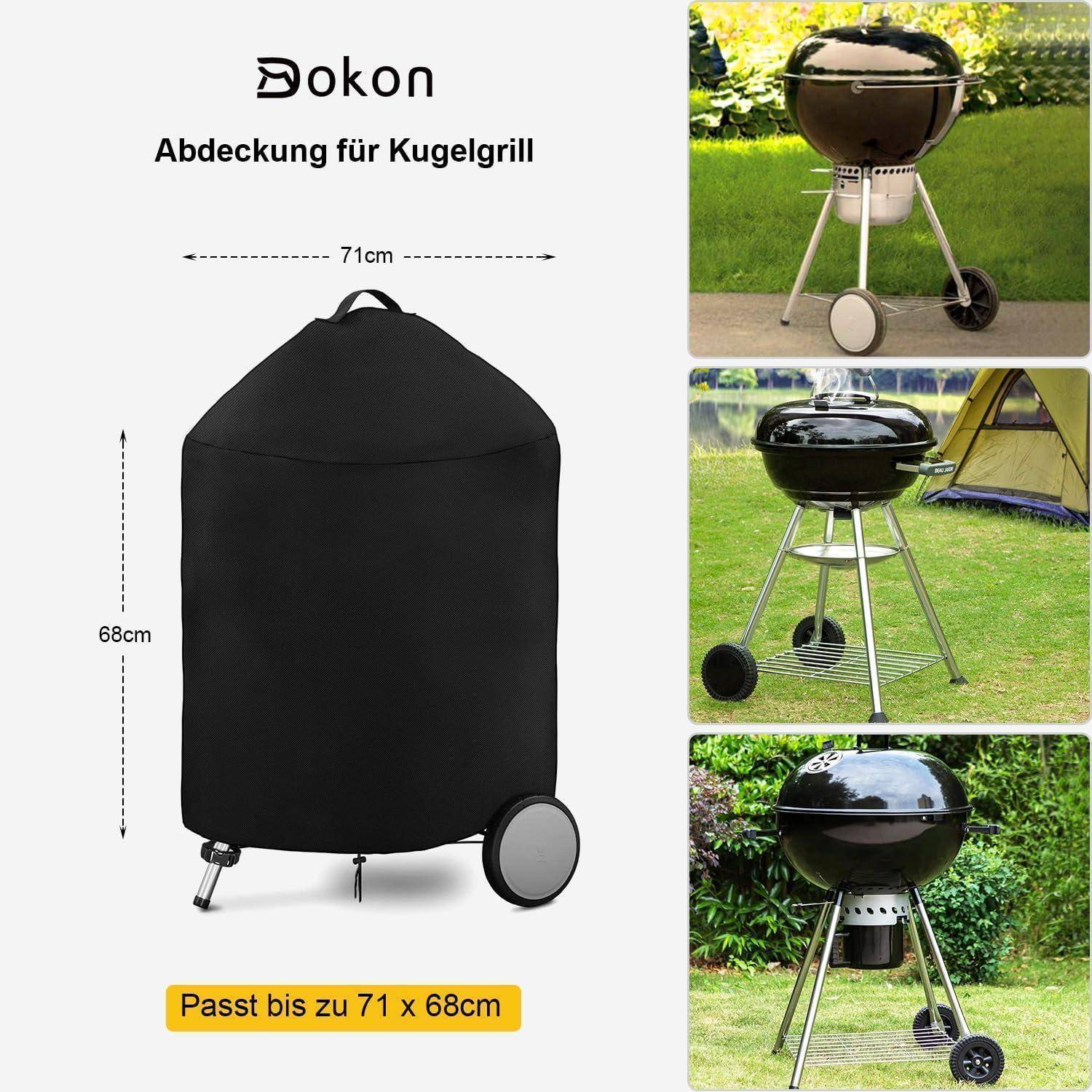 Grillabdeckung für kugelförmige Grills, Abmessungen 71x68 cm. Bild zeigt einen abgedeckten Grill und drei Ansichten von unabgedeckten Grills.