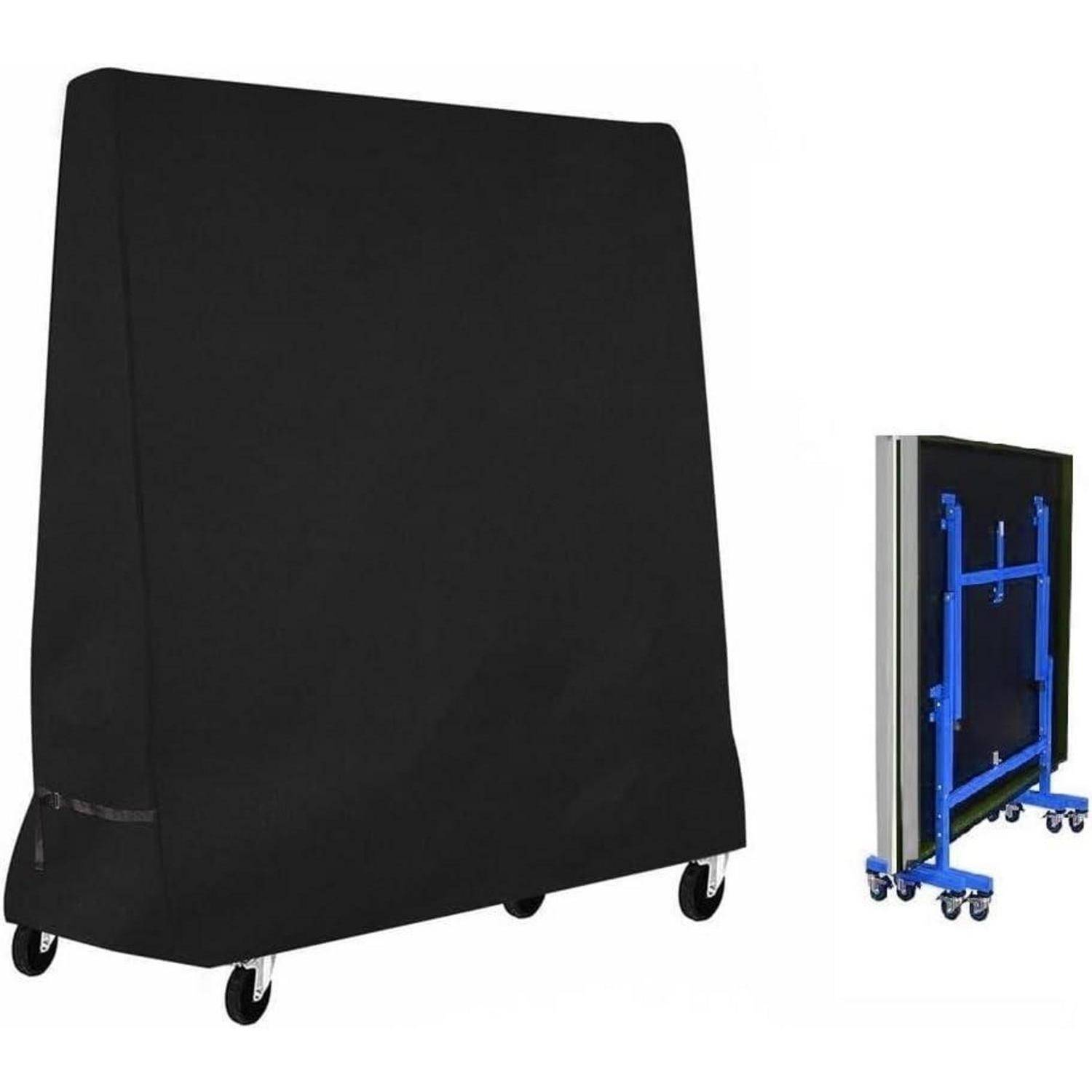 Ein schwarzer Tischtrolley auf Rollen (links) und ein blauer Tischtrolley mit einem zusammengeklappten Tisch (rechts) für einfache Lagerung und Transport.