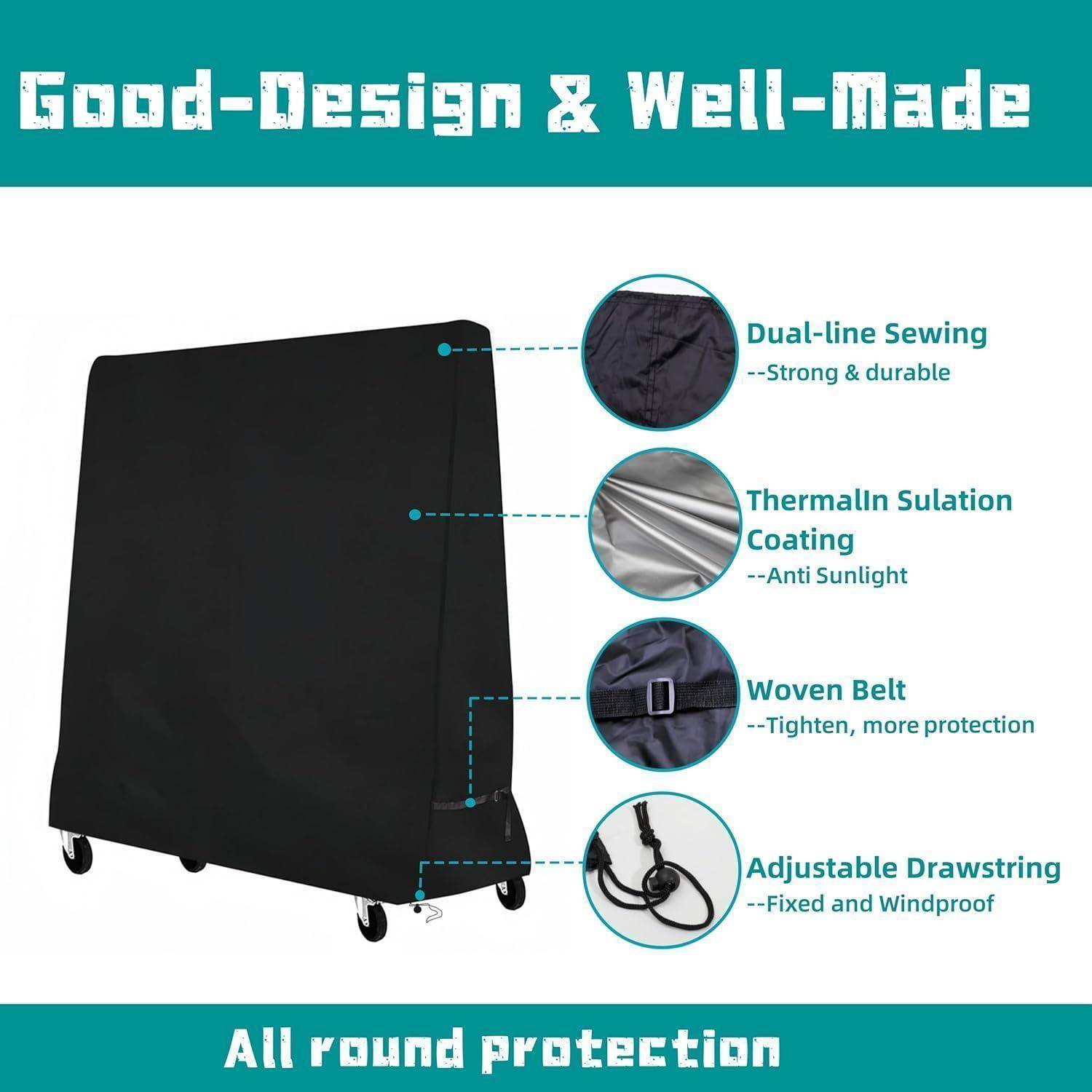 Abdeckprodukt mit Rädern, Funktionen beschriftet: Doppellinie-Nähtechnik, Wärmeisolierung, gewebter Gürtel, verstellbare Kordelzugöffnung; Text 'Gutes Design & Hervorragend Verarbeitet'.