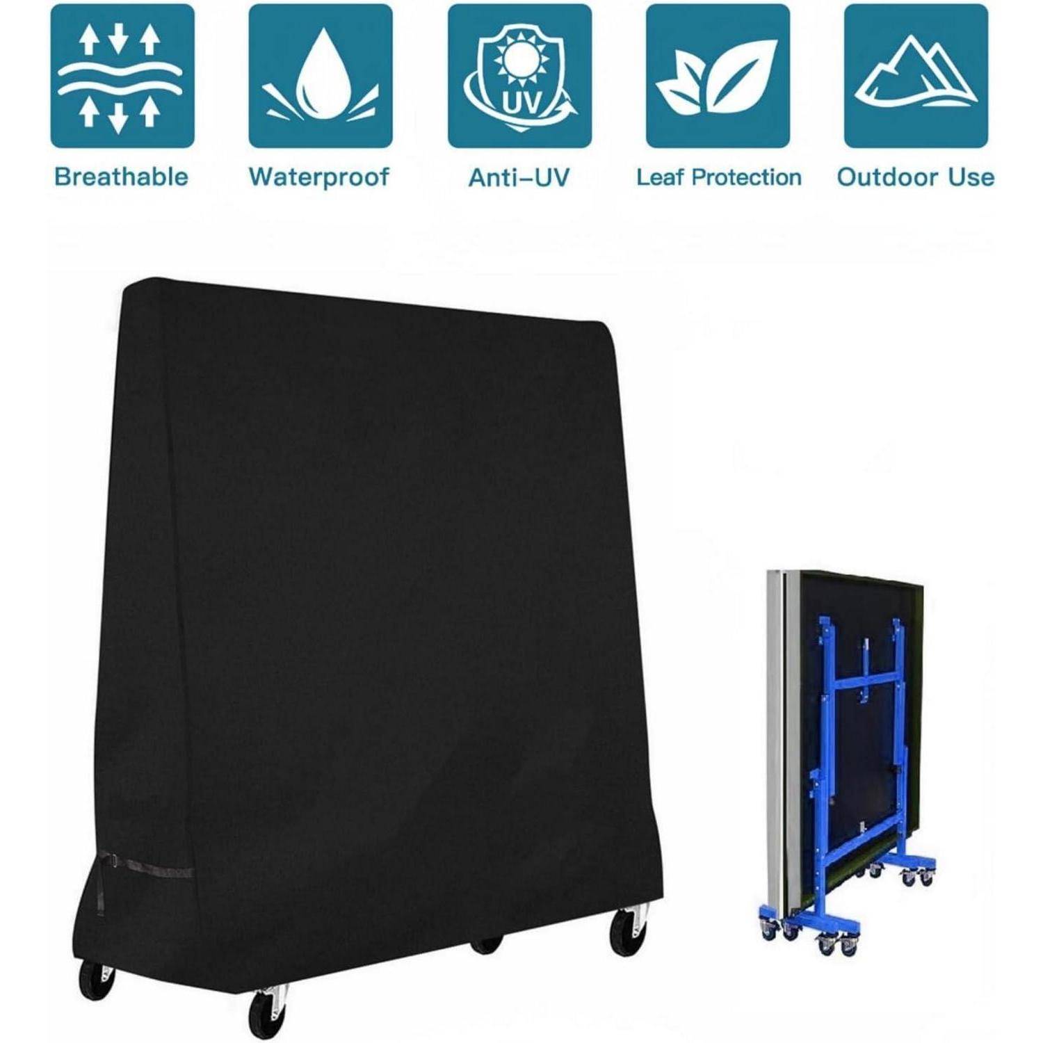 Schwarze Abdeckung für einen Tischtennistisch mit Rollen; Symbole darüber zeigen Eigenschaften: atmungsaktiv, wasserdicht, UV-beständig, Blattschutz, für den Außenbereich geeignet.