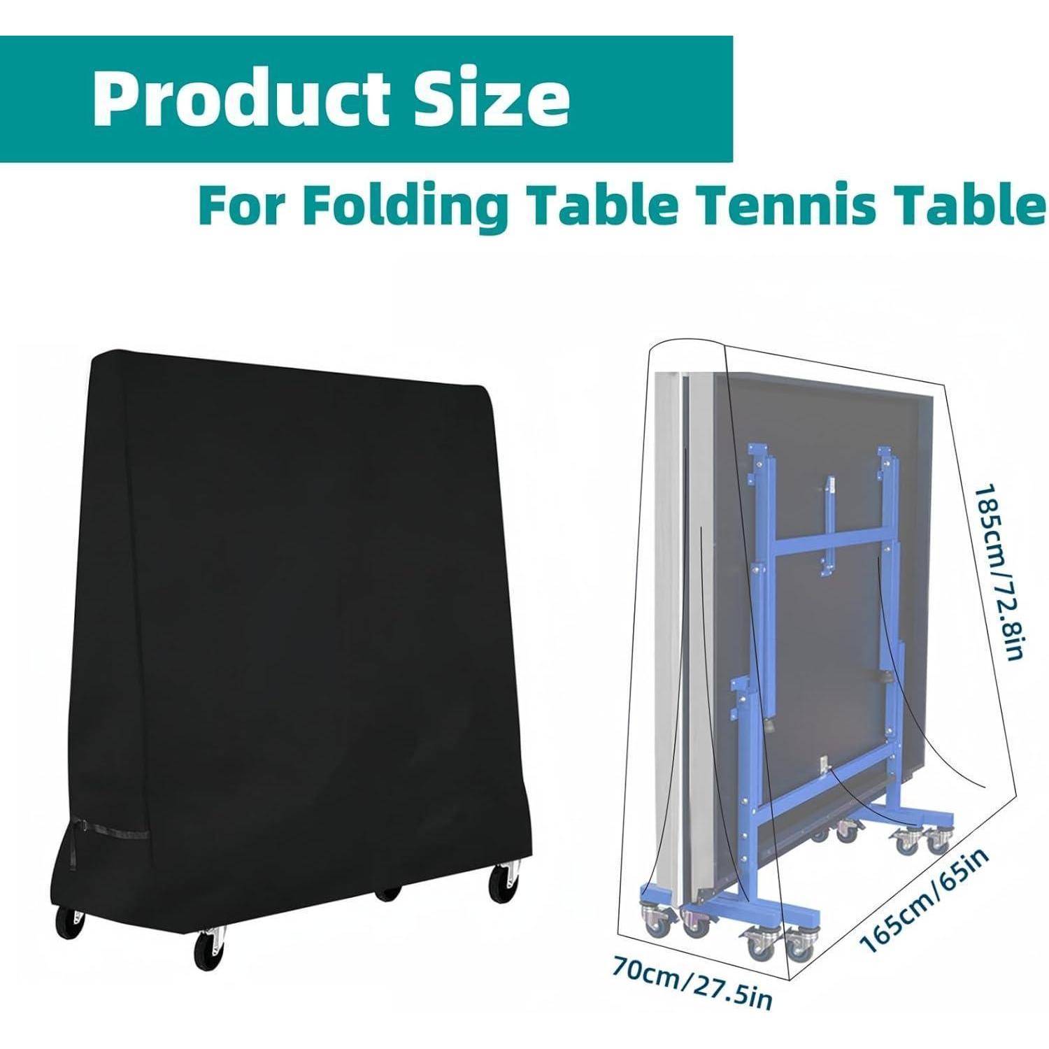 Produktgröße für Tischtennisplatte': Diagramm mit zusammengeklappter Tischtennisplatte und Maßen: 185 cm Höhe, 165 cm Länge, 70 cm Breite.
