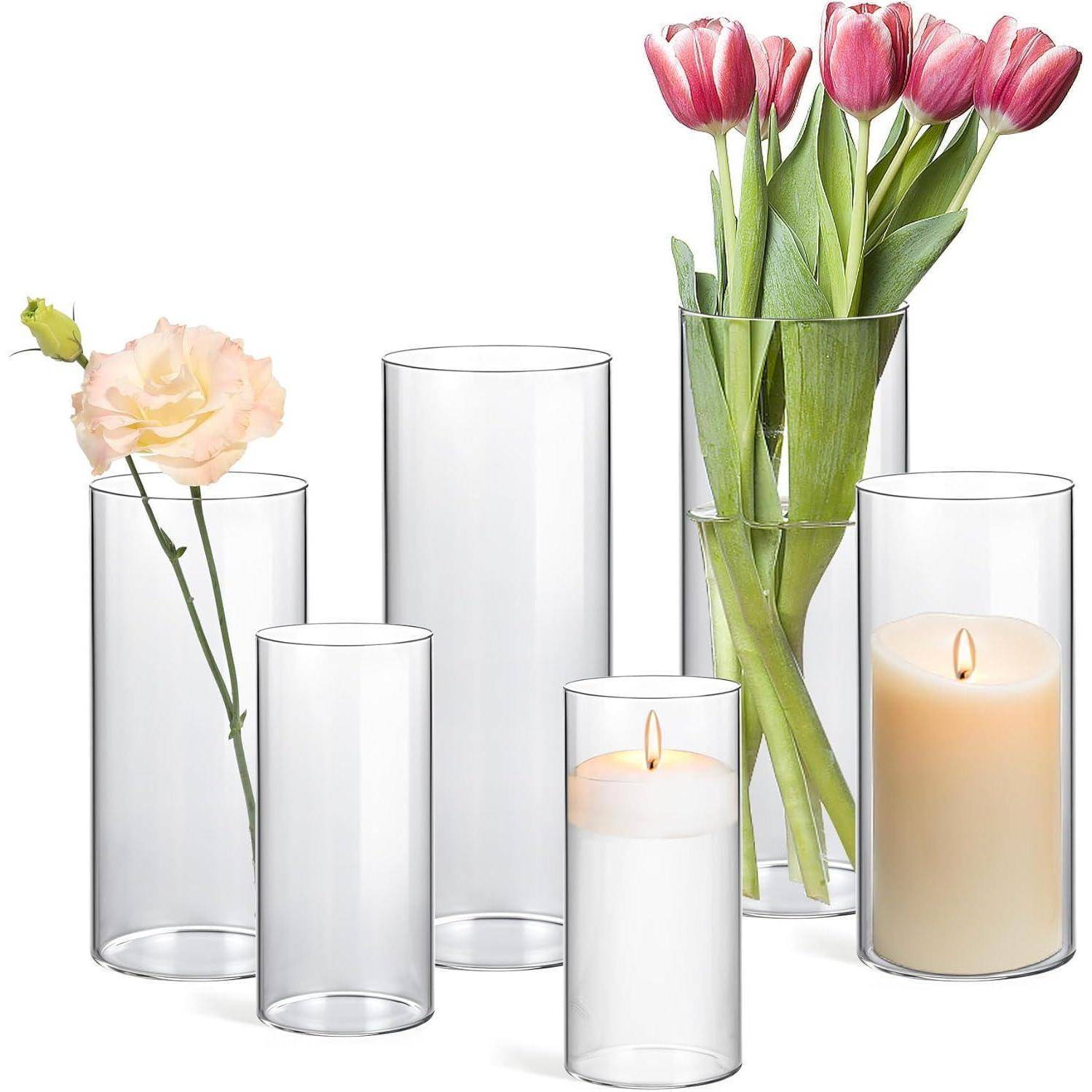 Glasvasen Set groß und klein, 6er Vase für Blumen & Kerzen, Vasen Deko
