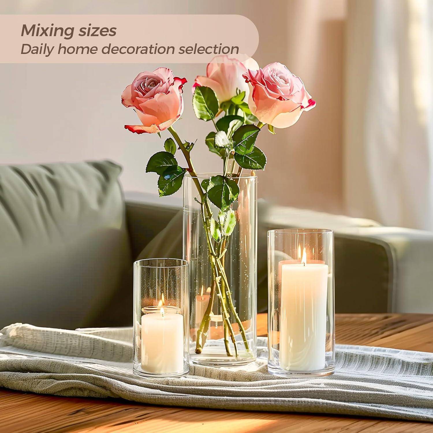 Glasvasen Set groß und klein, 6er Vase für Blumen & Kerzen, Vasen Deko