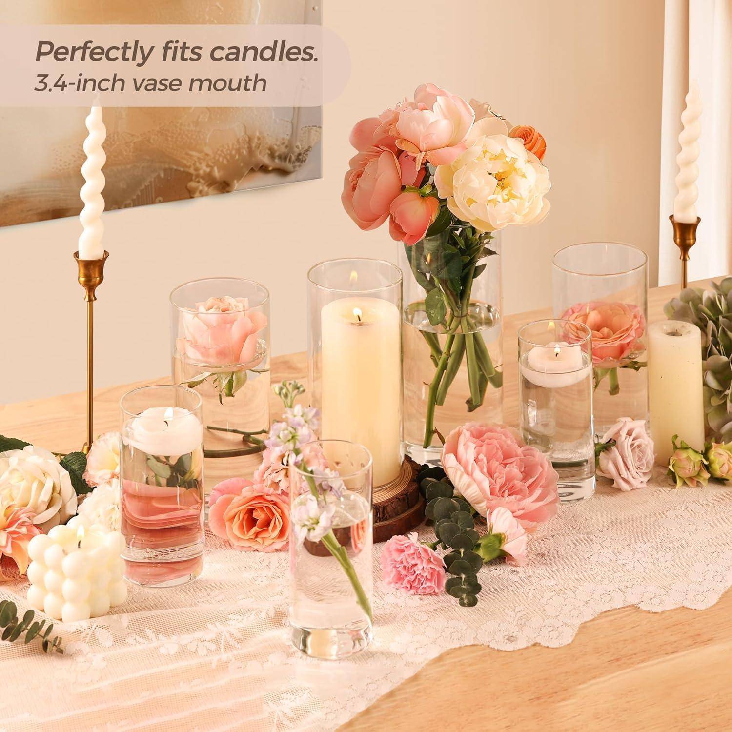 Glasvasen Set groß und klein, 6er Vase für Blumen & Kerzen, Vasen Deko