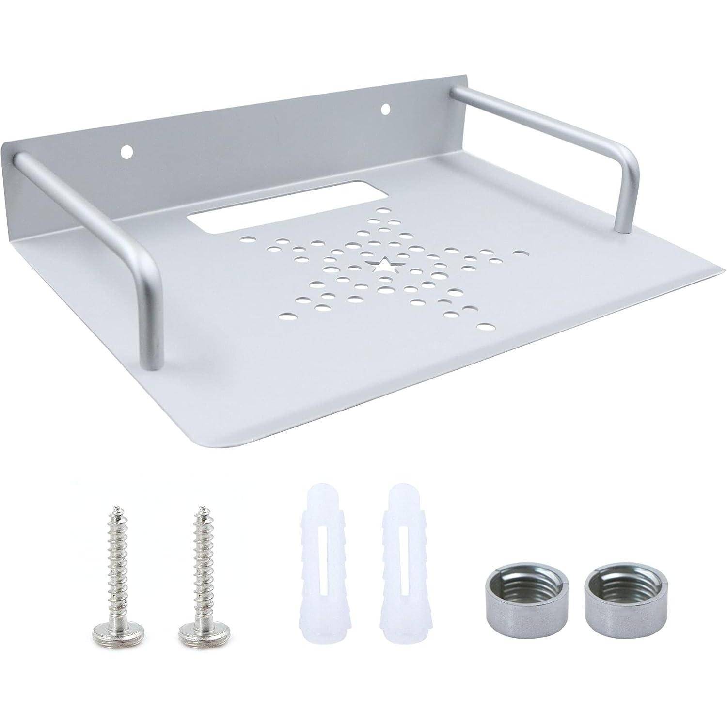 Wandmontiertes Metallregal mit gelochtem Design, inklusive Befestigungsschrauben, Dübeln und Abstandshaltern. Ideal zum Aufbewahren von elektronischen Geräten.