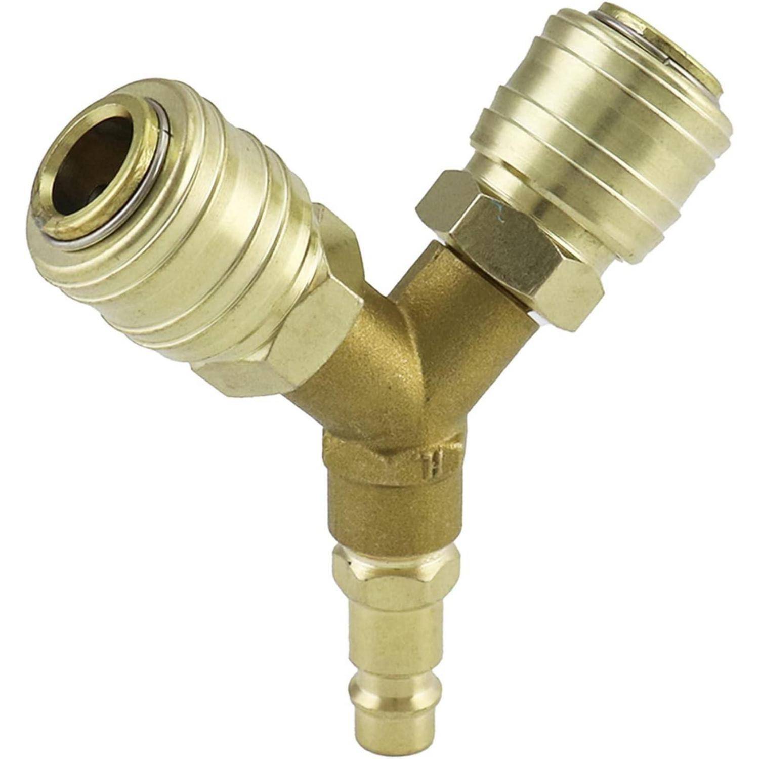 Ein Messing-Y-förmiger Luftschlauch-Verteiler mit Schnellkupplung, der verwendet wird, um den Luftstrom in zwei Richtungen für Werkzeuge oder Ausrüstung zu teilen.