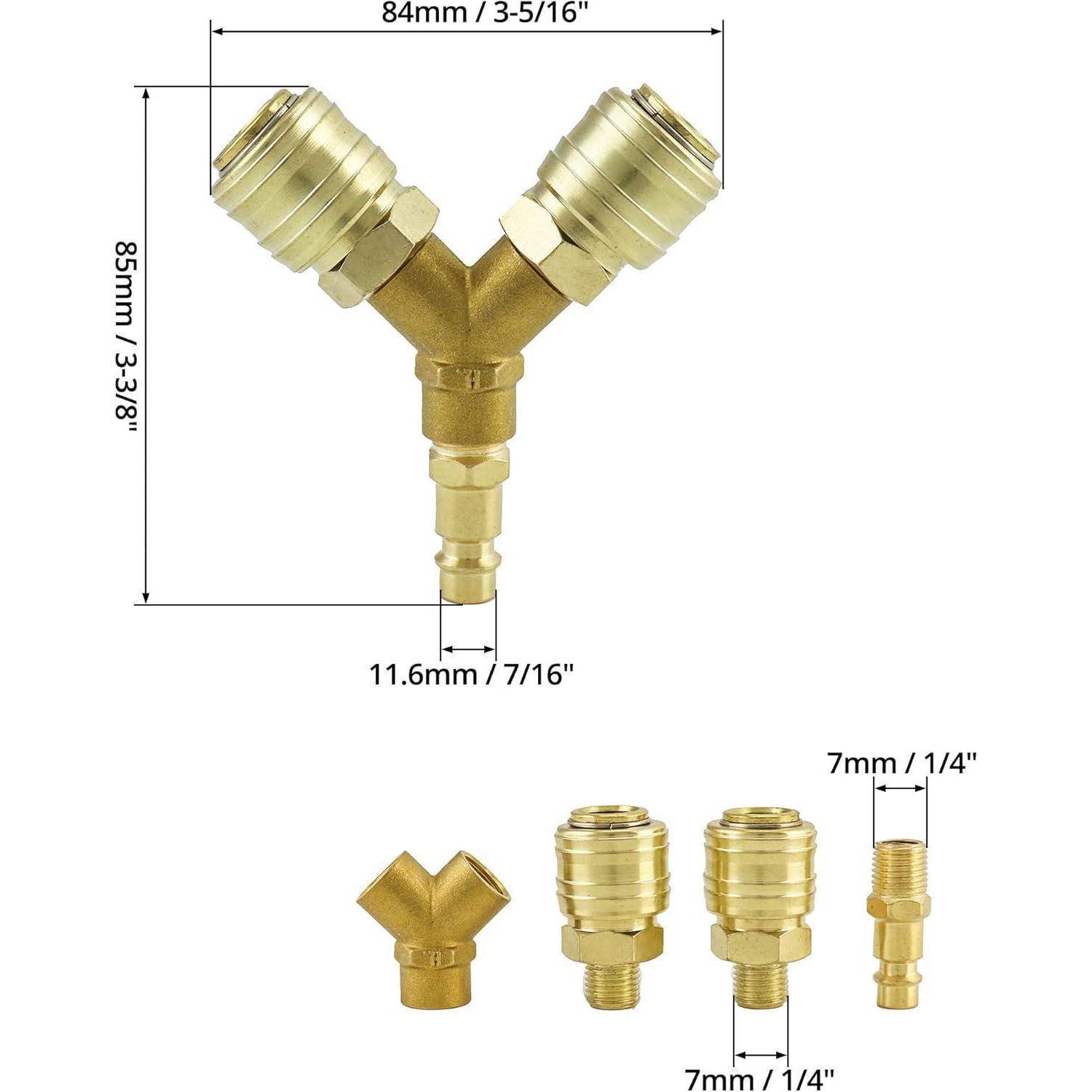 Messing-Verbindungsset mit einem Y-Verteiler und vier Adaptern, Abmessungen in mm und Zoll für präzise Passform.