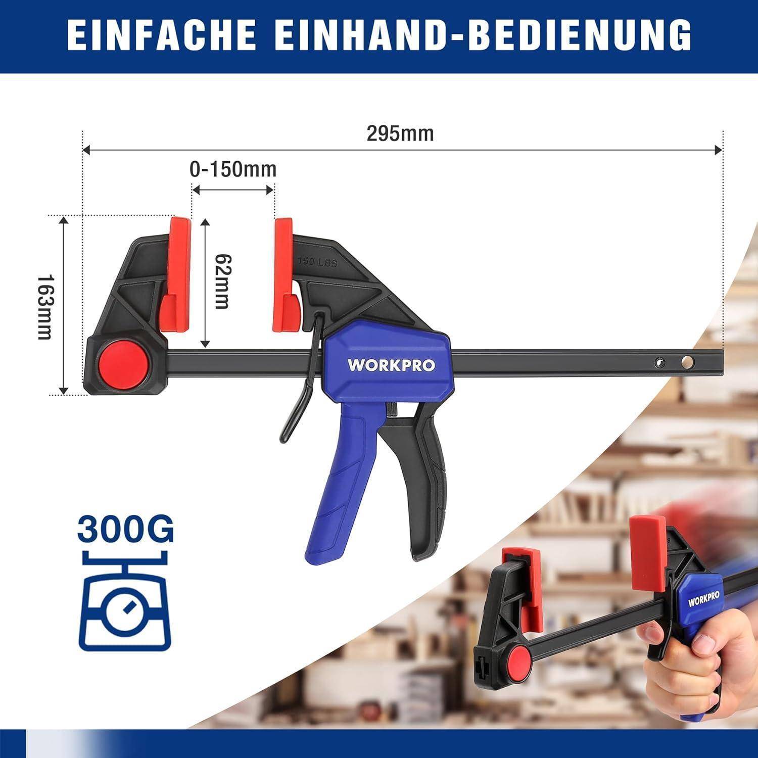 Tragbares Handwerkzeug-Klemmwerkzeug in Schwarz und Rot, Marke 'WORKPRO', mit angezeigten Abmessungen und Gewicht. Text auf Deutsch deutet auf einfache Bedienung mit einer Hand hin.