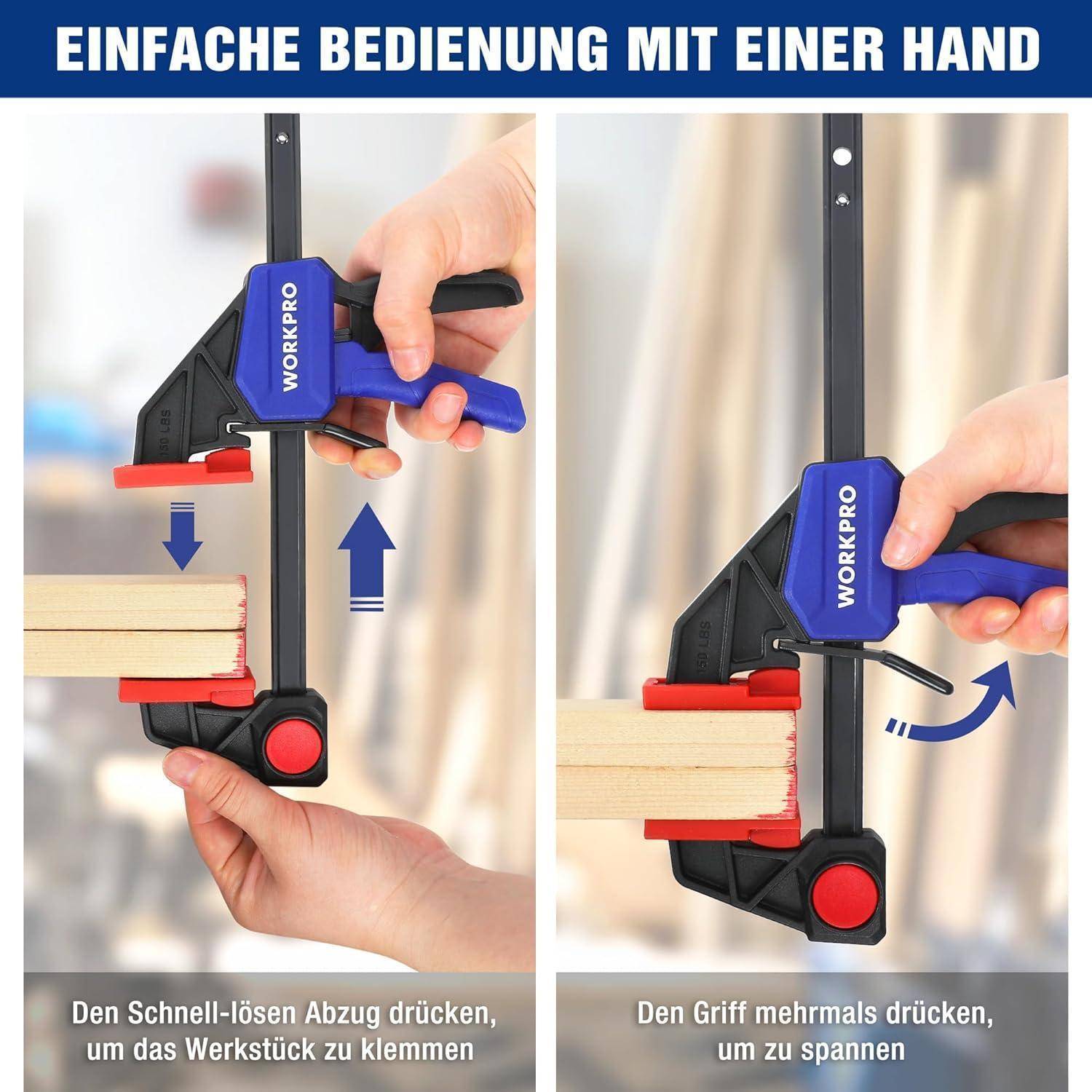 Zwei Bilder zeigen eine Werkzwinge, die mit einer Hand betätigt wird. Der blaue Griff wird gedrückt, um ein Holzstück zu klemmen.