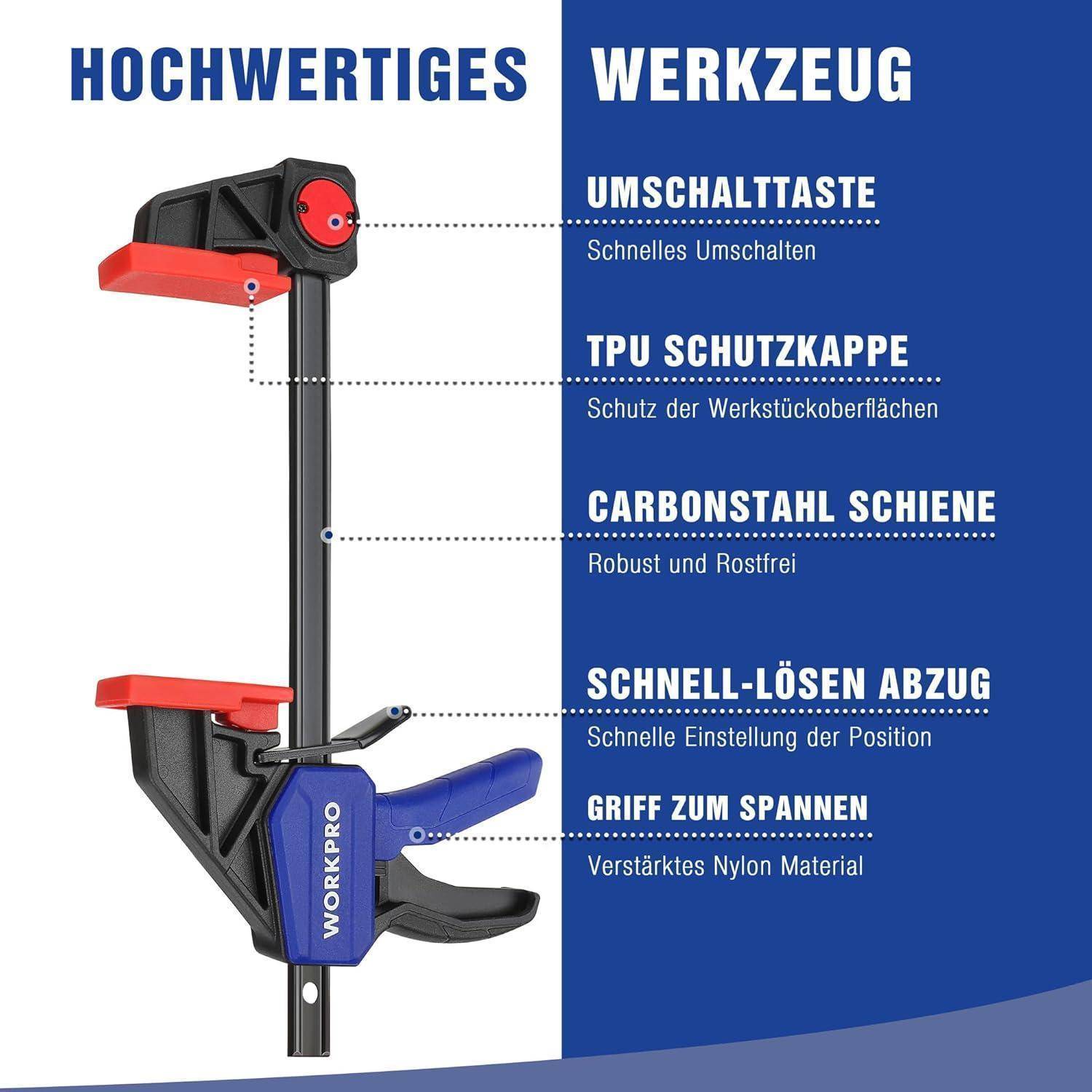 Eine Schnellspannklemme mit 'Hochwertiges Werkzeug' Text. Funktionen umfassen Schnellwechseltaste, TPU-Schutzkappe, Kohlenstoffstahl-Schiene und ergonomischen Griff.