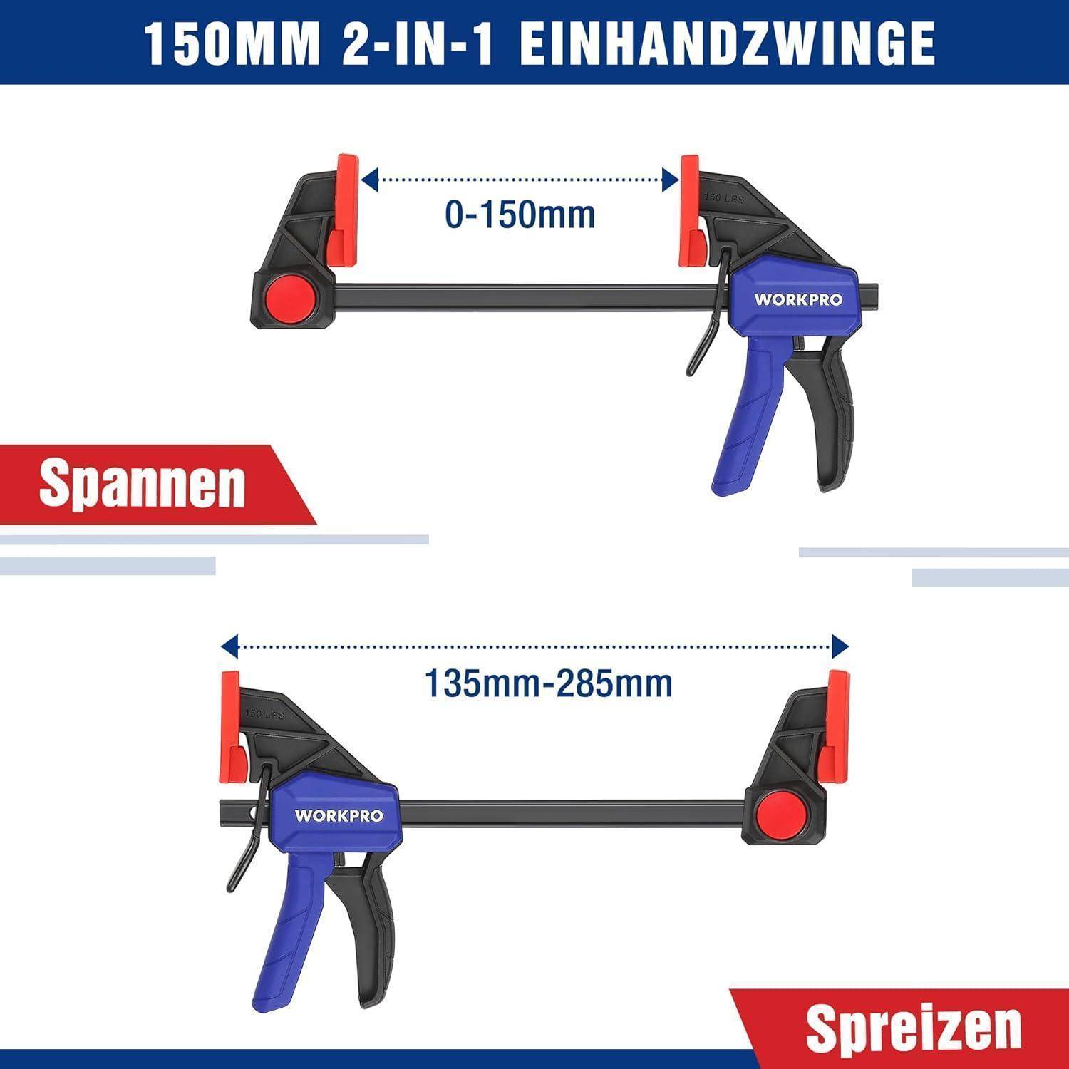 Bild zeigt zwei Typen von 'WORKPRO' Klemmen: Obere Klemme hat einen Bereich von 0-150 mm, beschriftet mit 'Spannen', untere Klemme mit einem Bereich von 135 mm-285 mm, beschriftet mit 'Spreizen'.