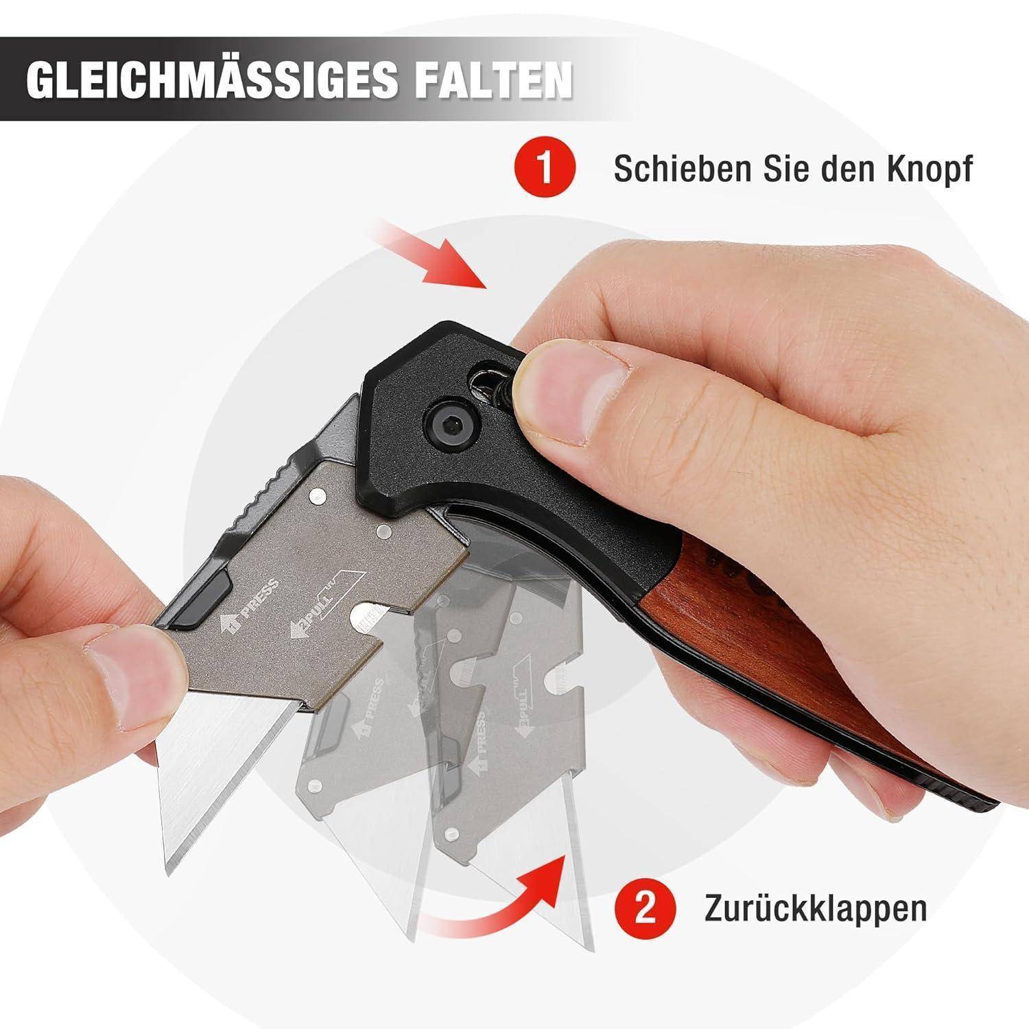 Gleichmäßiges Falten': Zeigt, wie man eine Utility-Messerklinge faltet. Schritt 1: 'Schieben Sie den Knopf' (Schieben Sie den Knopf). Schritt 2: 'Zurückklappen' (Zurückklappen).