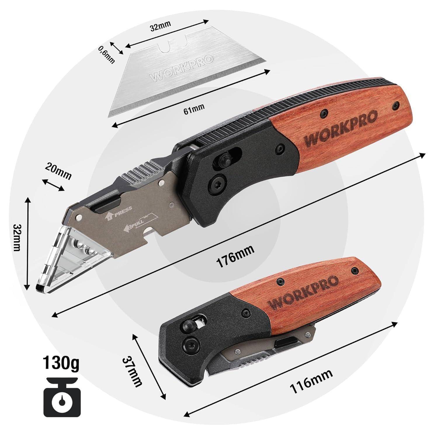Klappmesser mit Holzgriff, 176 mm ausgeklappt, 116 mm zusammengeklappt, mit einem Gewicht von 130 g. Inklusive einer 32 mm Klinge. Markenname 'WORKPRO' sichtbar.